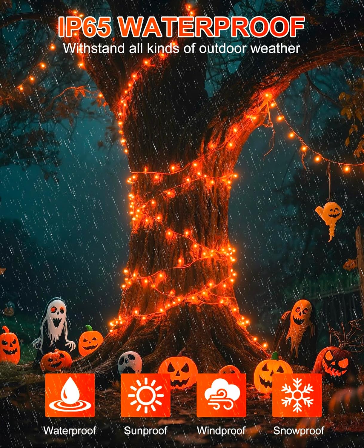 Halloween Lights Outdoor 40FT 120 LED, Green Wire String Lights for Outside Waterproof, 8 Modes Connectable Twinkle Tree Light for Indoor Bedroom Yard Party Holiday Decorations, Orange