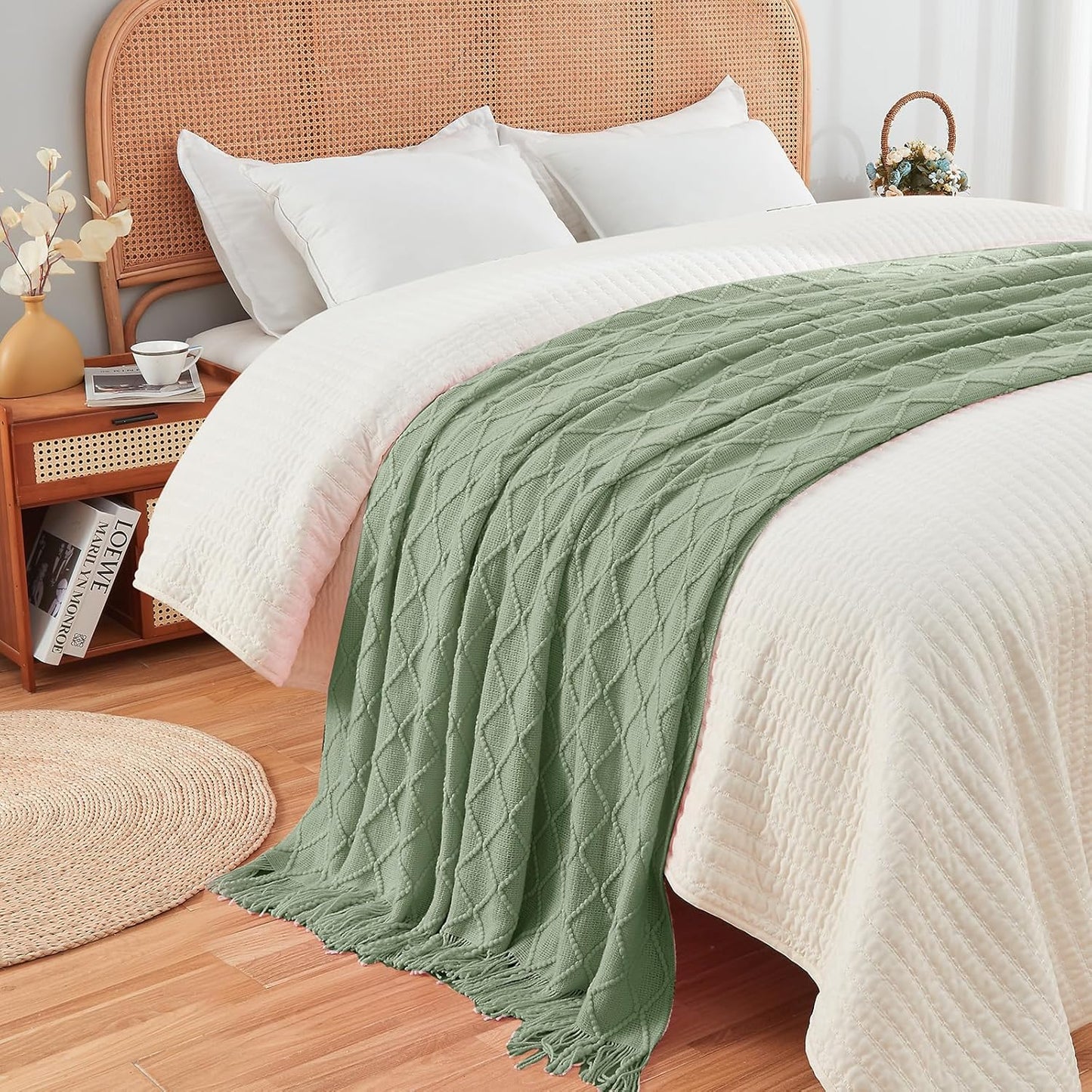 inhand Sage Green Throw Blanket for Couch, Soft Living Room Home Decor Knitted Twin Size Blanket, Outdoor Lightweight Breathable Summer Blanket, Farmhouse Warm Woven Decorative, 60"x80"