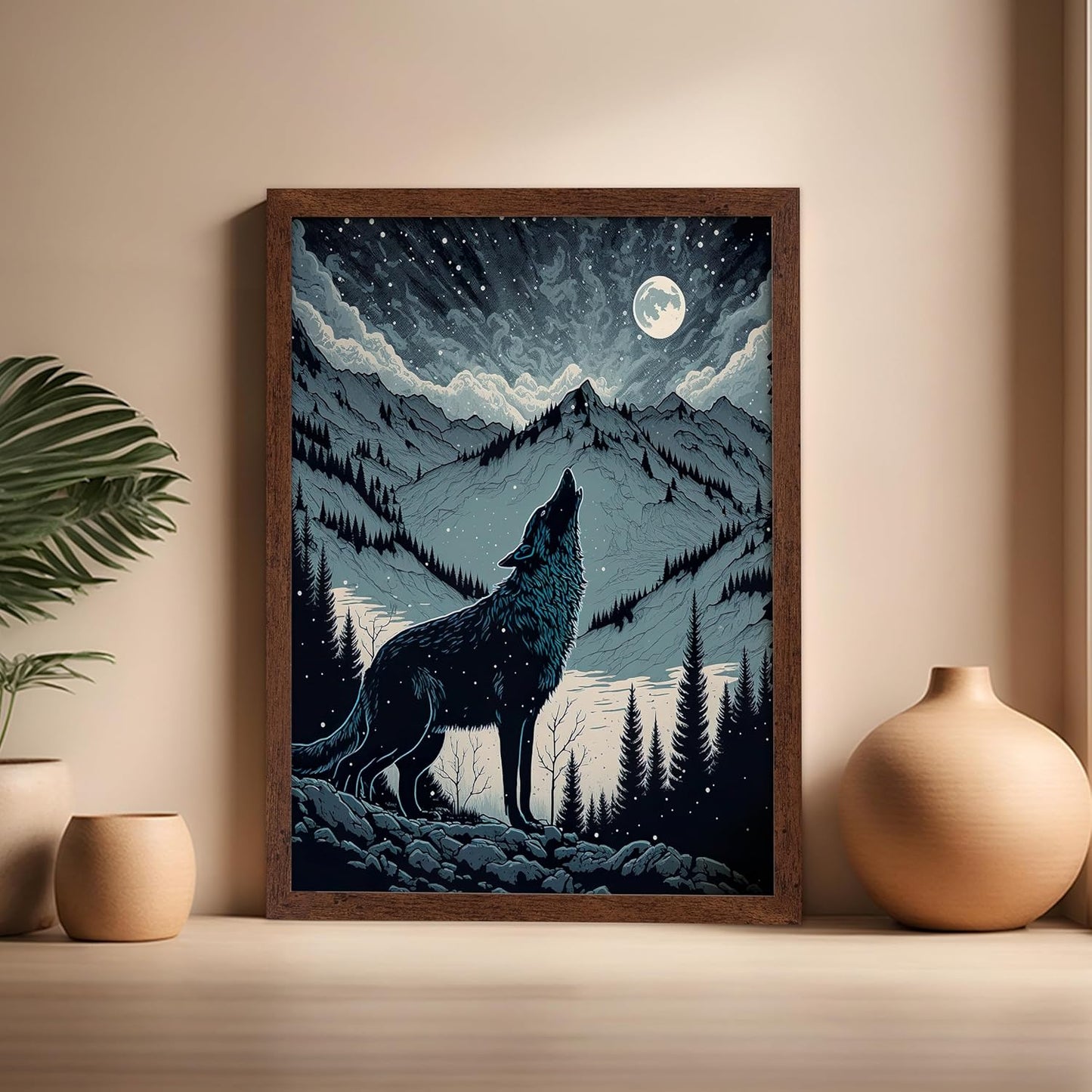 Poster Master Vintage Illustration Poster - Retro Animal Print - Gift for Artist, Friend - Wolf Howling at the Moon, Mountain, Snow, Landscape - Wall Decor for Home, Office, 16x20 Brown Framed