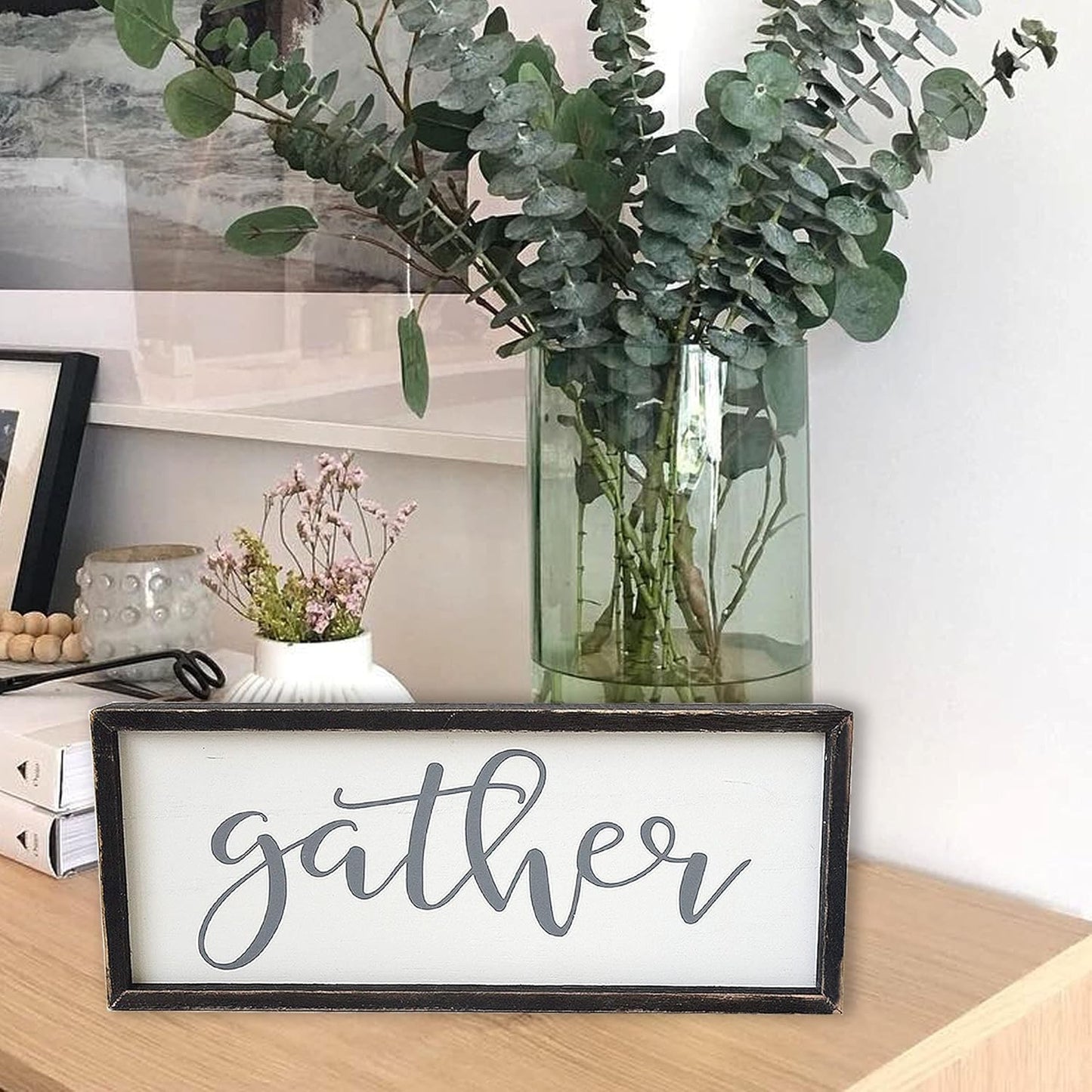 Gather Sign for Home Decor in Grey - Farmhouse Kitchen Dining Room Wall Decor - Rustic Wall Decoration Solid Wood Thick Black Frame 12x5 Inches