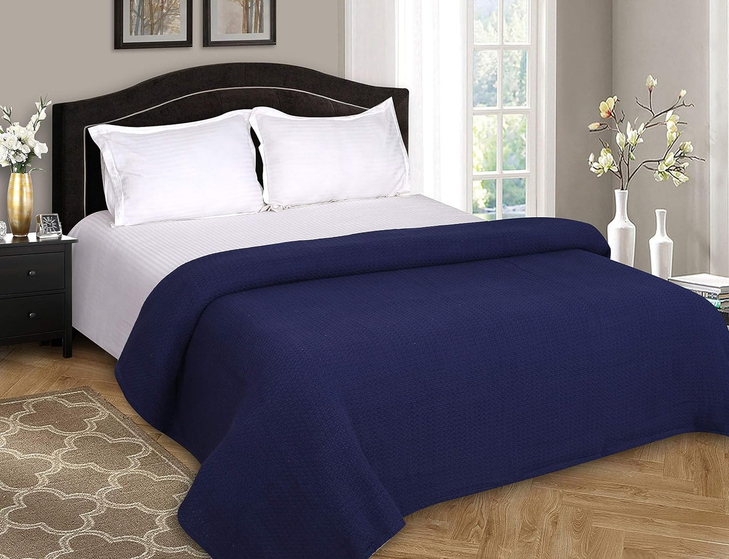 Elvana Home 100% Cotton Bed Blanket, Breathable Bed Blanket Queen Size, Cotton Thermal Blankets Queen, Perfect for Layering Any Bed for All Season, Navy Blue