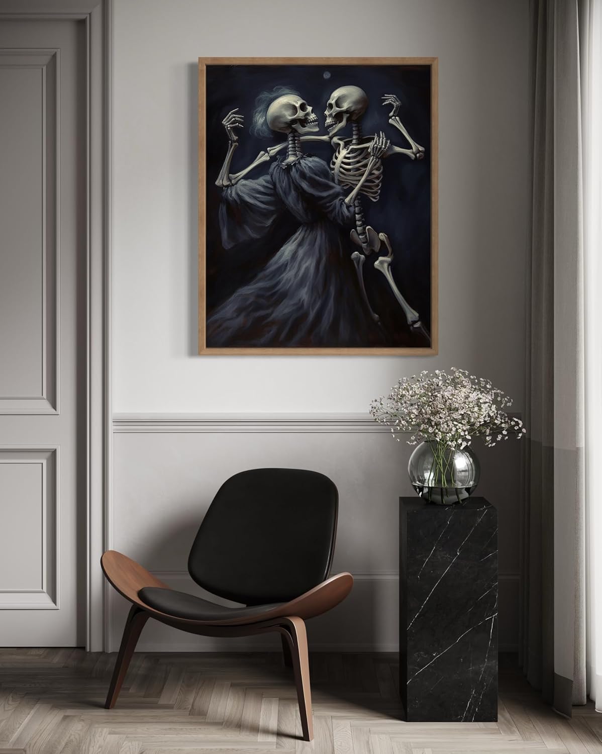 Dancing Skeleton Poster Art Print, Halloween Scary Vintage Wall Art Academia Spooky Painting Decoration for Horror Prints, Gothic Posters Bedroom Decor 89 (Dancing Skeleton, 8 x 10 inches, Wood Frame)