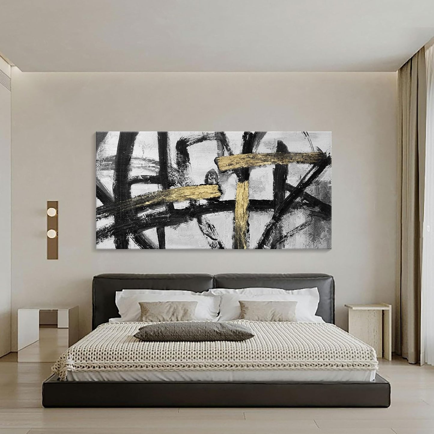 Abstract Living Room Wall Art - Large Black and White Gold Abstract Lines Bedroom Wall Decor Ink Dancing Canvas Prints Paintings for Dining Room Office Room Home Decor 29x58IN