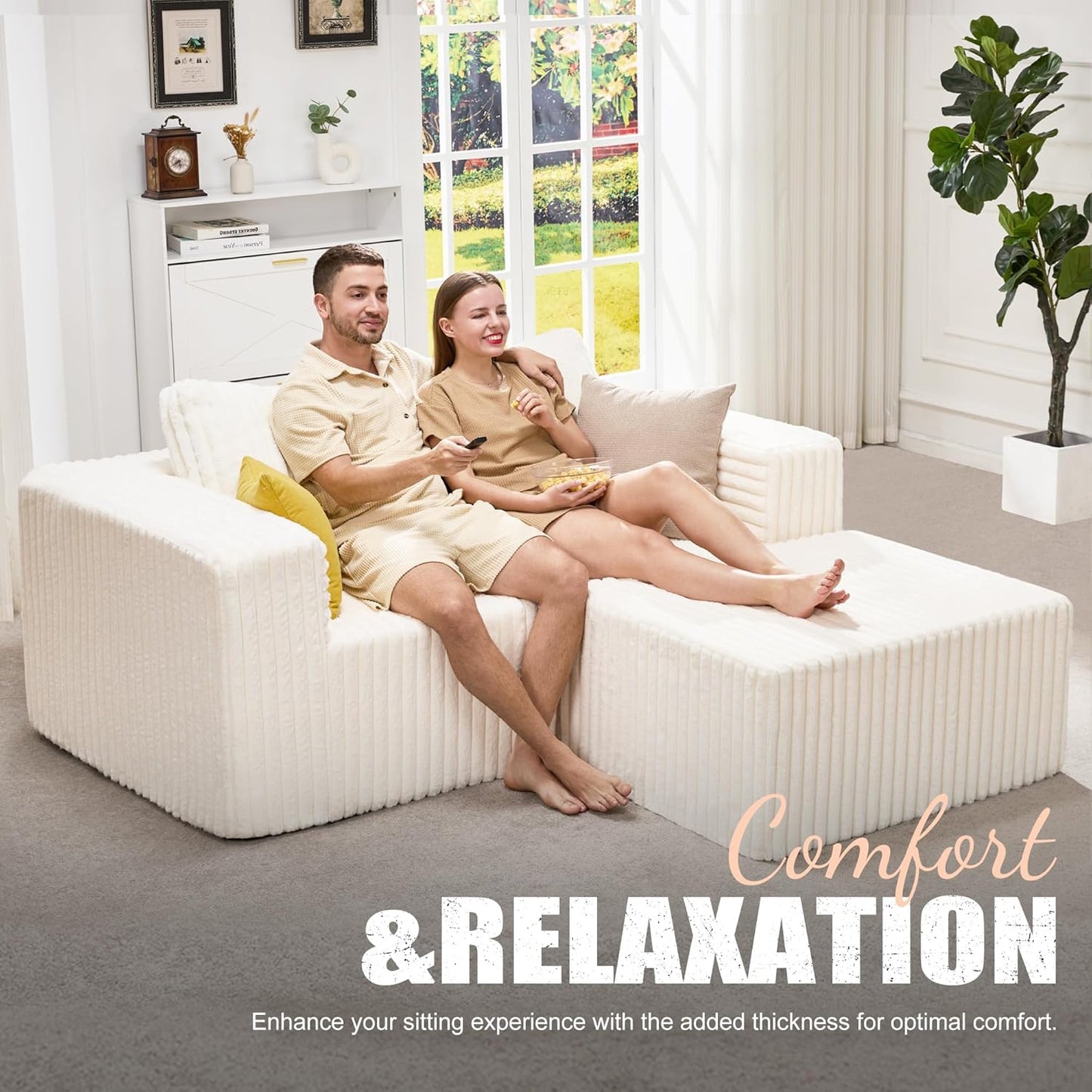 Hobestluk Modular Sectional Sofa Memory Foam Couch L Shape Sofa for Living Room Loveseat with Chaise Lounge Cloud Couch with Removable Cover (Stripe White, Loveseat with Chaise)