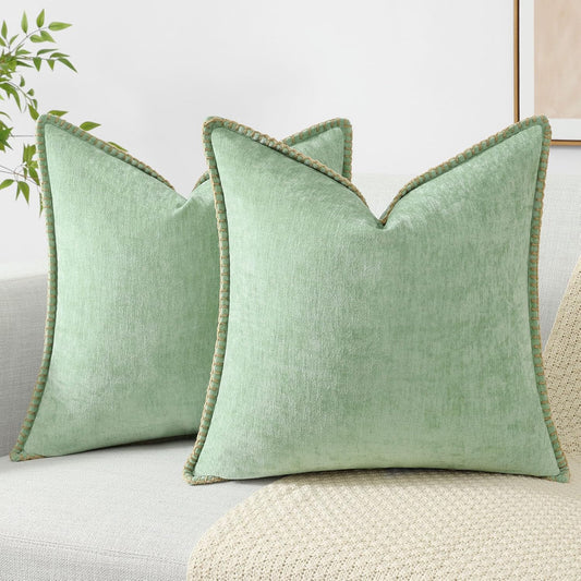 decorUhome Chenille Soft Throw Pillow Covers 26x26 Set of 2, Farmhouse Velvet Neutral Decorative Euro Pillow Covers with Stitched Edge for Couch Sofa Bed Home Decor, Sage Green