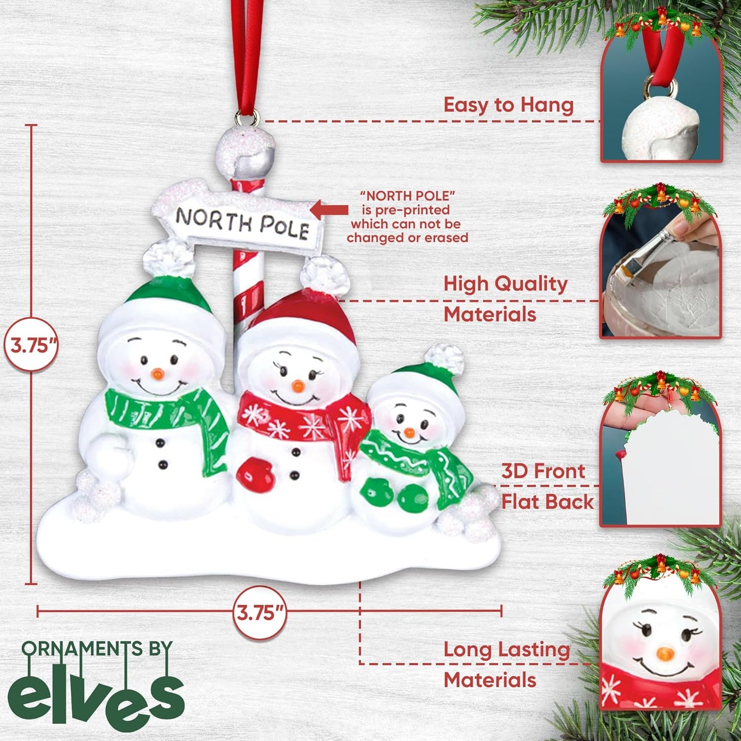 3D Snowman Family of 3 Christmas Ornament 2025 Personalized Family Christmas Ornaments 2025 | Santa Hat Personalized Tree Ornaments Customizable Gifts North Pole Winter Scarf Snowmen of Three Ornament