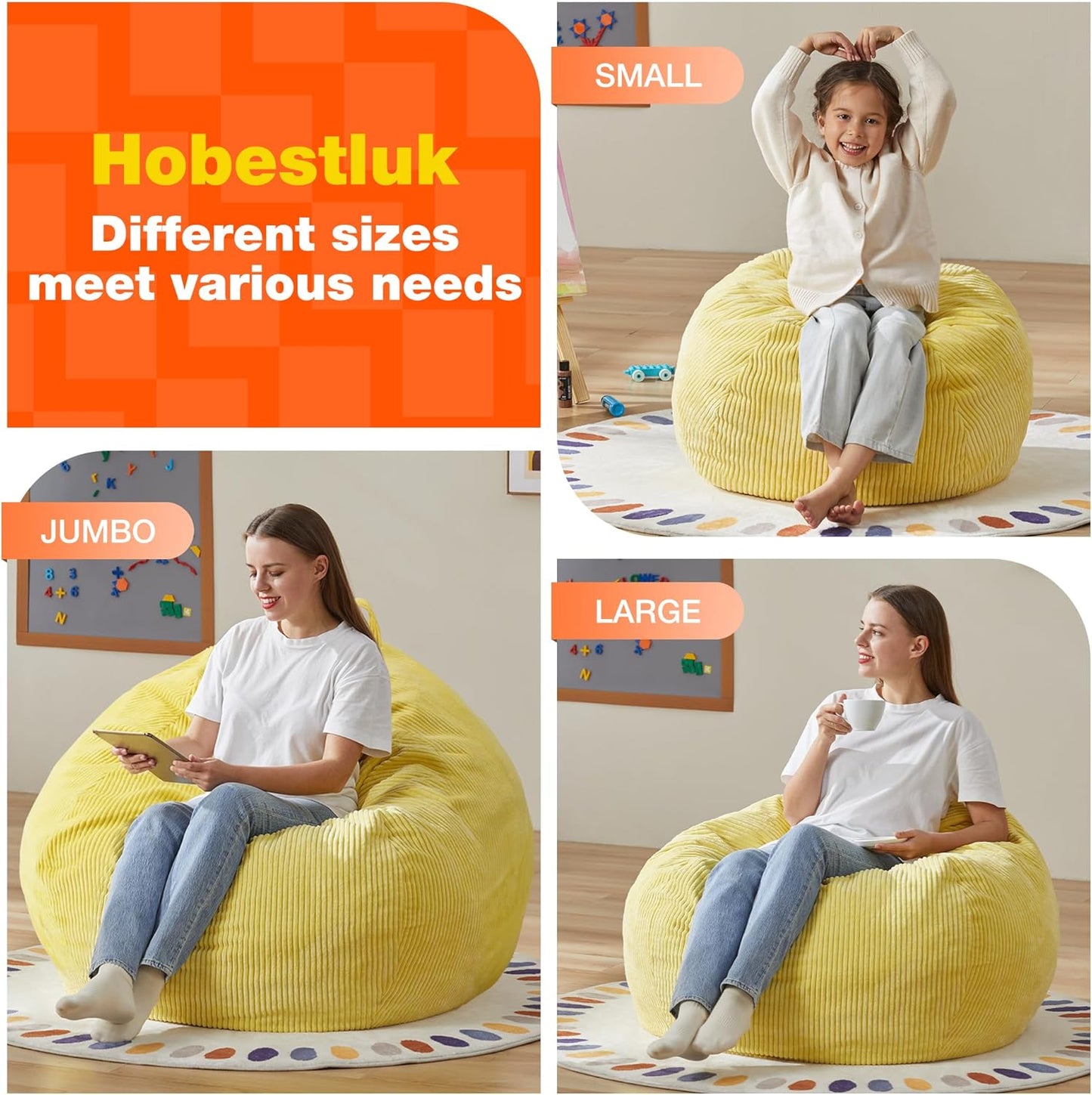 Hobestluk 4.5FT Bean Bag Chair Giant Bean Bag Chair with Filler Included Adult Bean Bag Chairs with Removable Cover for Bedroom Living Room - (Jumbo, Yellow)