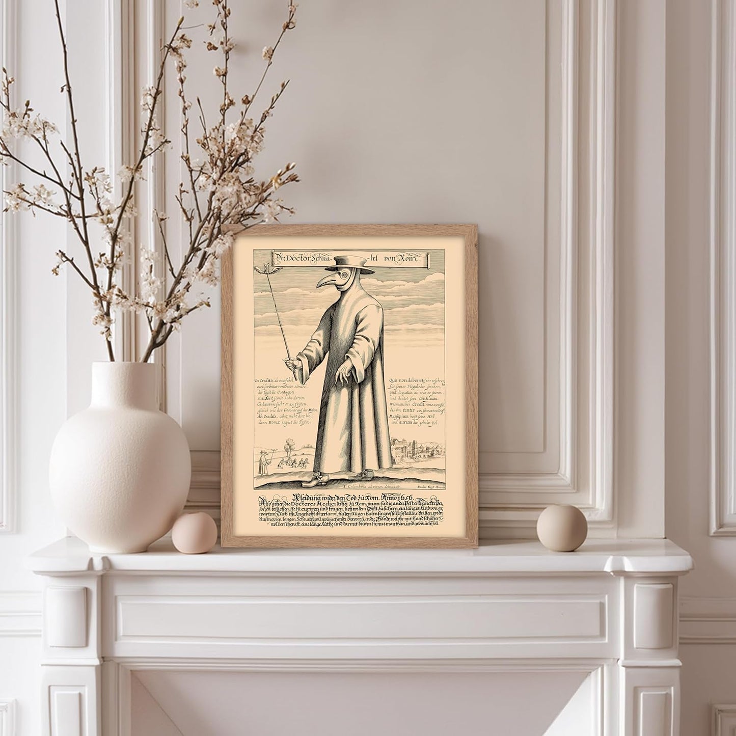 Poster Master Vintage Medieval Poster - Retro Illustration Print - Gift for Friend - Plague Doctor, Pandemic Mask, Physician, Black Death - Wall Decor for Home, Living Room, 11x14 Beige Framed