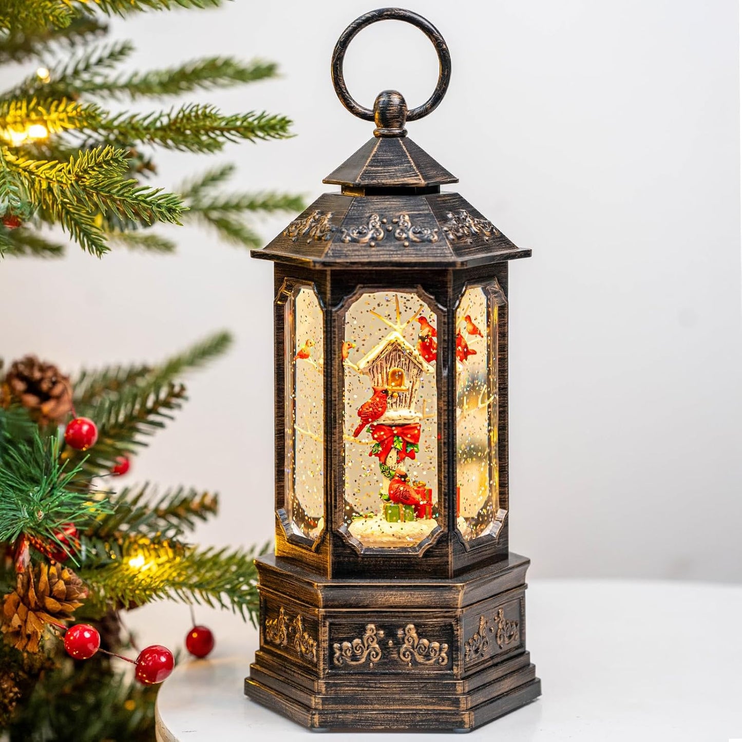 Christmas Snow Globe Lantern Water Glittering 11.6'' Cardinal & Birdhouse with Music & Timer, USB Lined/Battery Operated Lighted Lantern for Christmas Festival Decoration Gifts
