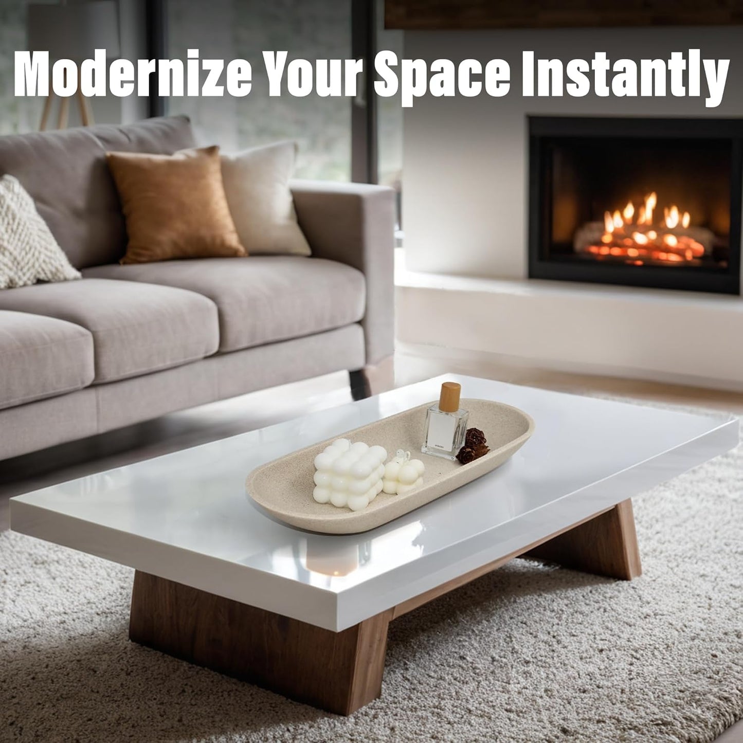 Large Decorative Bowl for Home Decor - Long Dough Bowl with Anti Slip Base for Table Centerpieces - Beige Minimalist Design Dough Decor Bowl for Coffee Table, Dining Table Centerpiece