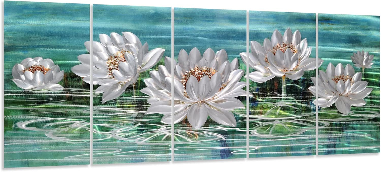 Yihui Arts Lotus Metal Wall Art, Green and Silver Flower Artwork, Hand Grind Aluminum Sculpture for Home Decor
