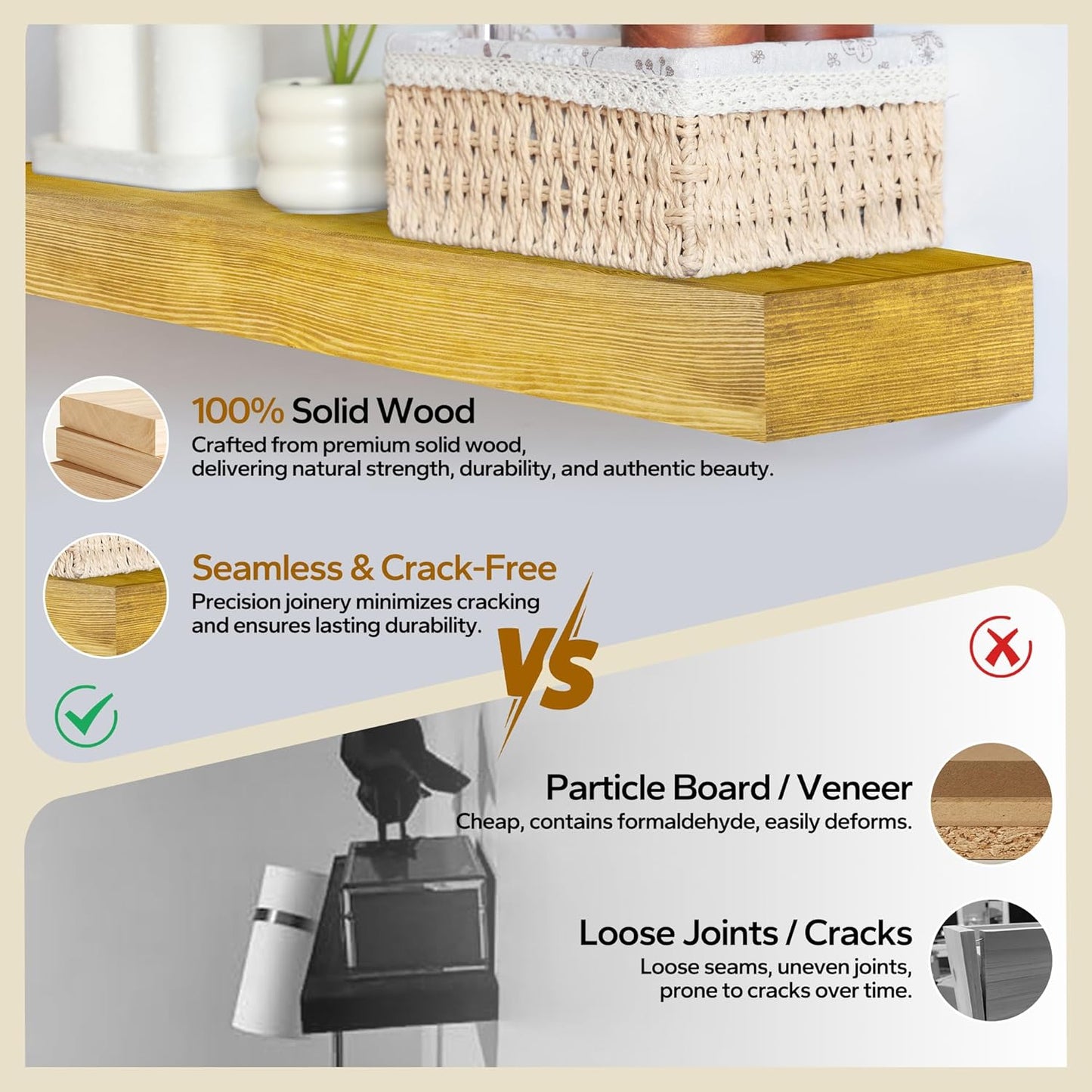 Floating Shelves 3 inch Thick for Wall Set of 2,Solid Pine Wood Wall Mount Shelf for Kitchen Living Room Bedroom Bathroom,8" D x 60" L x 3" H-Gold Oak