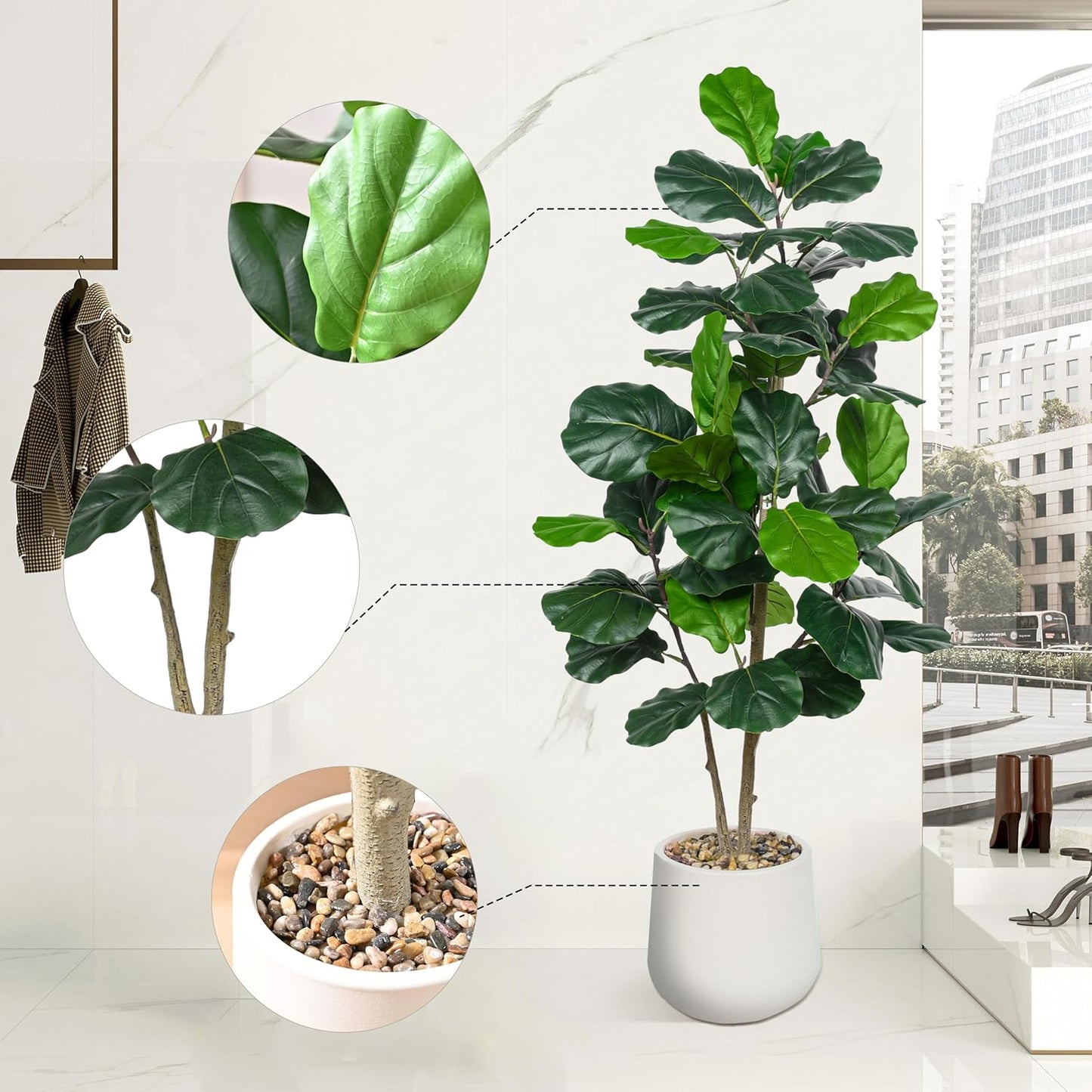 Artificial Fiddle Leaf Fig Tree 5FT, Large Realistic Faux Ficus Lyrata Plant with Pot Large Faux Plant for Indoor Outdoor Home, Office, Living Room, Bathroom Decor