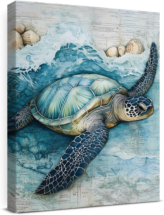 Coastal Sea Turtle Canvas Wall Art Turtle Nautical Ocean Theme Print Poster Framed Picture Painting for Home Beach House Bedroom Wall Decor 11x15 Inch