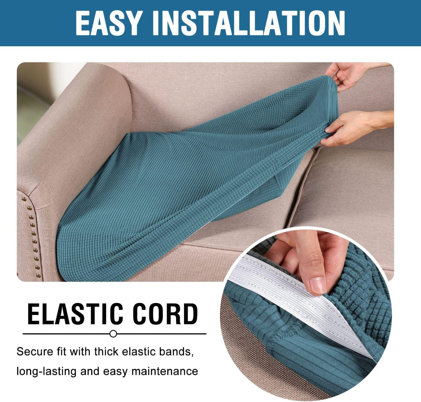 H.VERSAILTEX Super Stretch Individual Seat Cushion Covers - Sofa & Couch Cushion Slipcover Sets - Thick Jacquard Textured Twill Fabric (3 Piece XL Sofa Cushion Covers, Storm Blue)