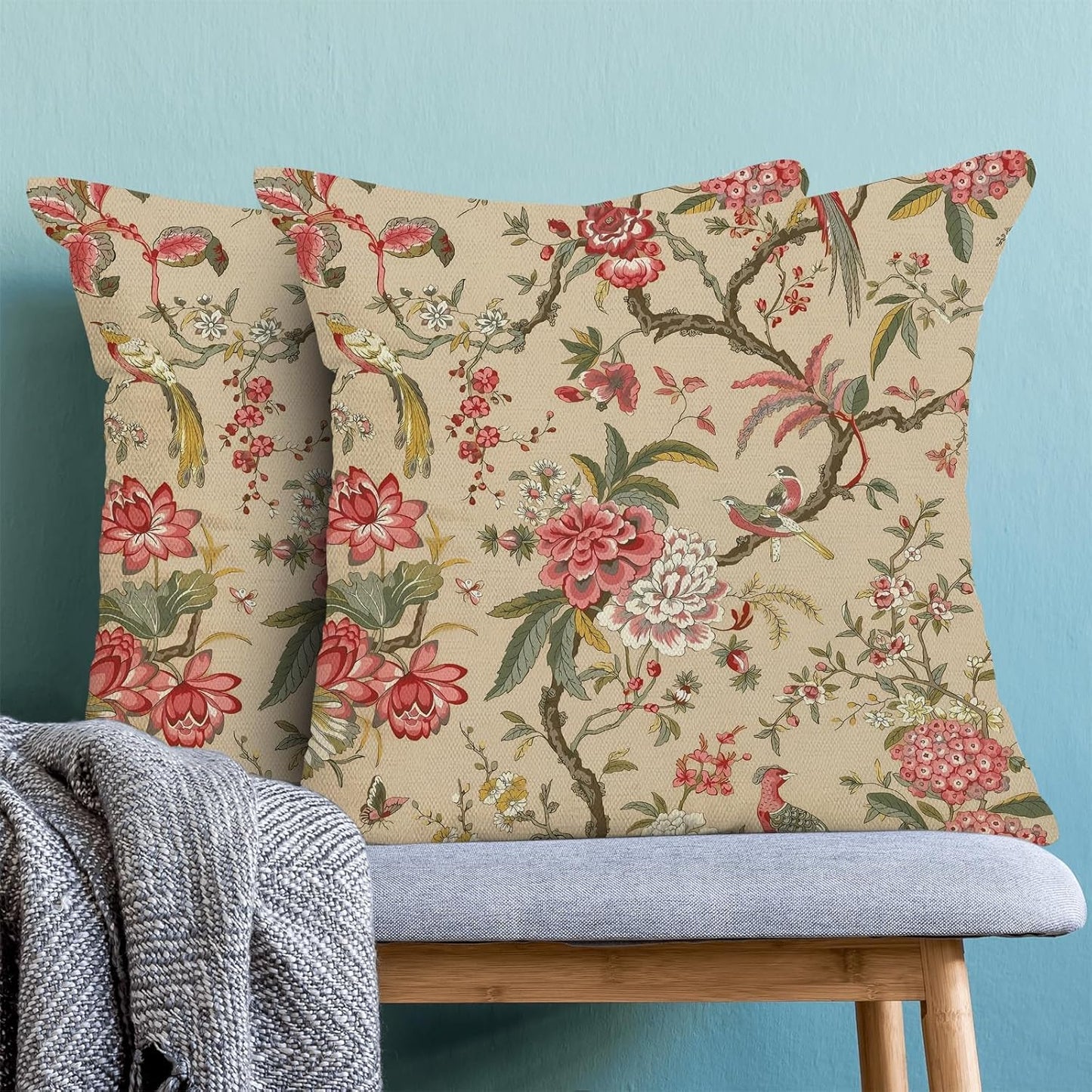 CXMEIFLY Spring Floral Birds Pillow Covers 20 x 20 Inch Set of 2 for Chinoiserie Flowers Decor Throw Pillows Pink Red Plant Outdoor Decorative Cushion Cases for Couch Bed Decorations