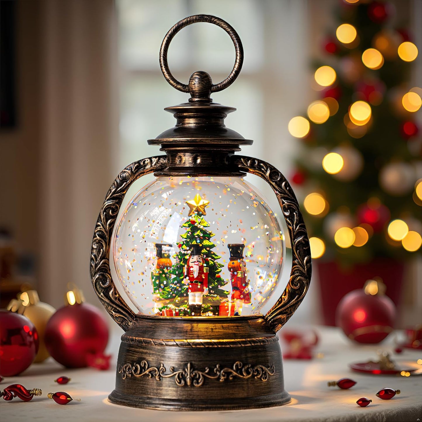 Christmas Snow Globe Lantern Water Glittering Nutcrackers with Music & Timer, USB Lined/Battery Operated Lighted Lantern for Christmas Festival Decoration Gifts