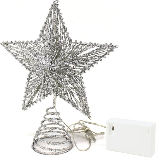 CVHOMEDECO. Silver Glittered 3D Tree Top Star with Warm White LED Lights and Timer for Christmas Tree Decoration and Holiday Seasonal Décor, 8 x 10 Inch
