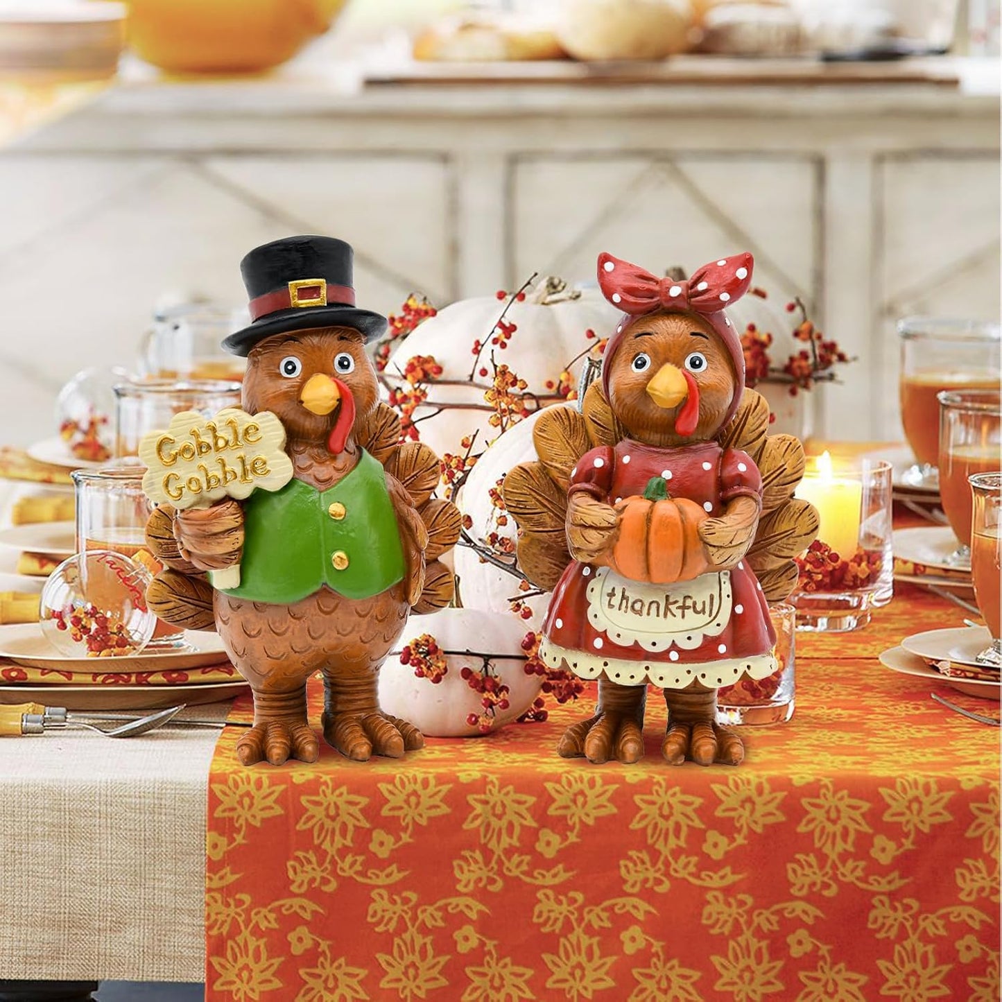 Thanksgiving Turkey Decor - 2Packs Resin Turkey Couple Standing Figurines Thanksgiving Decorations- Fall Decor Indoor for Tables Centerpieces Harvest Farmhouse Kitchen