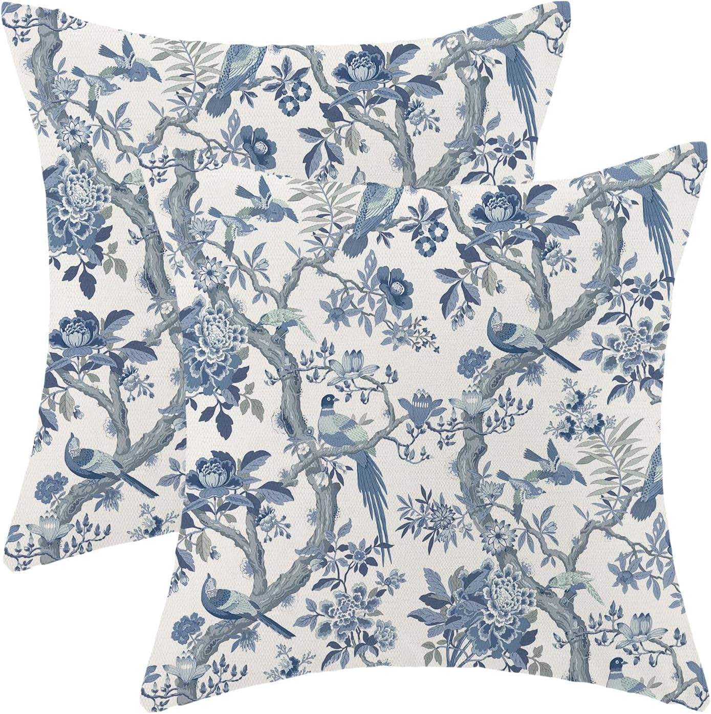 CXMEIFLY Spring Pillow Covers 18 x 18 Inch Set of 2 for Navy Blue Chinoiserie Flowers Bird Decor Throw Pillows Vintage Floral Plant Outdoor Decorative Cushion Cases for Couch Bed Decorations