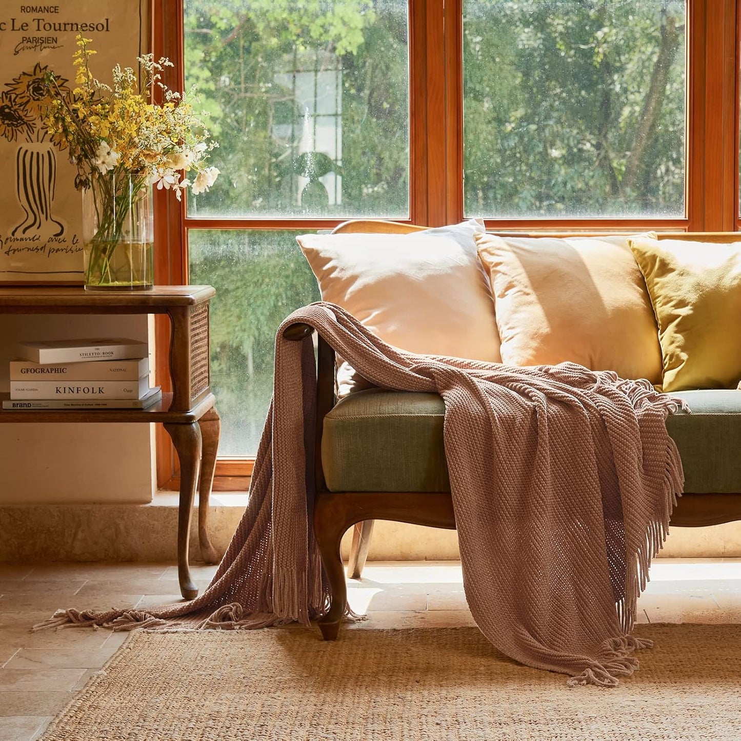 lifein Pink Throw Blanket for Couch, Soft Boho Decor Bed Throw,Cozy Chenille Knitted Small Farmhouse Lightweight Throw for Spring(Pink,50 * 60")