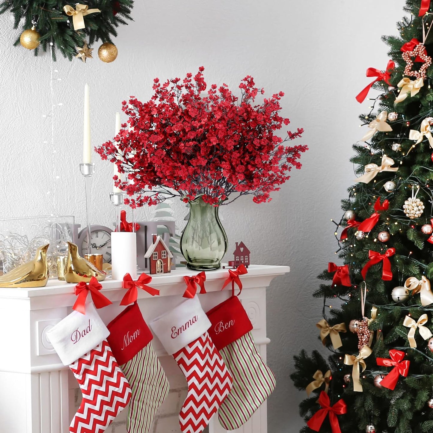 Sggvecsy 15 Pcs Babys Breath Artificial Flowers Gypsophila Bouquets Bulk Real Touch Fake Silk Flowers for Home Wedding DIY Floral Arrangement Kitchen Christmas Centerpiece Festival Decoration (Red)