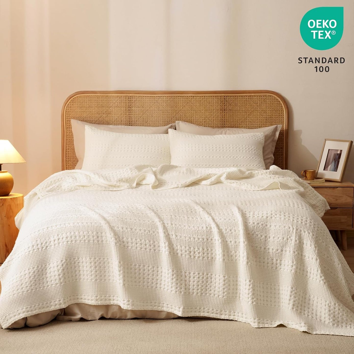 PHF 100% Cotton Waffle Weave Blanket Queen Size, Soft Lightweight Breathable Cozy Summer Blankets for Bed, Luxury Aesthetic Woven Bedding for Home Decor, 90"x90", Undyed