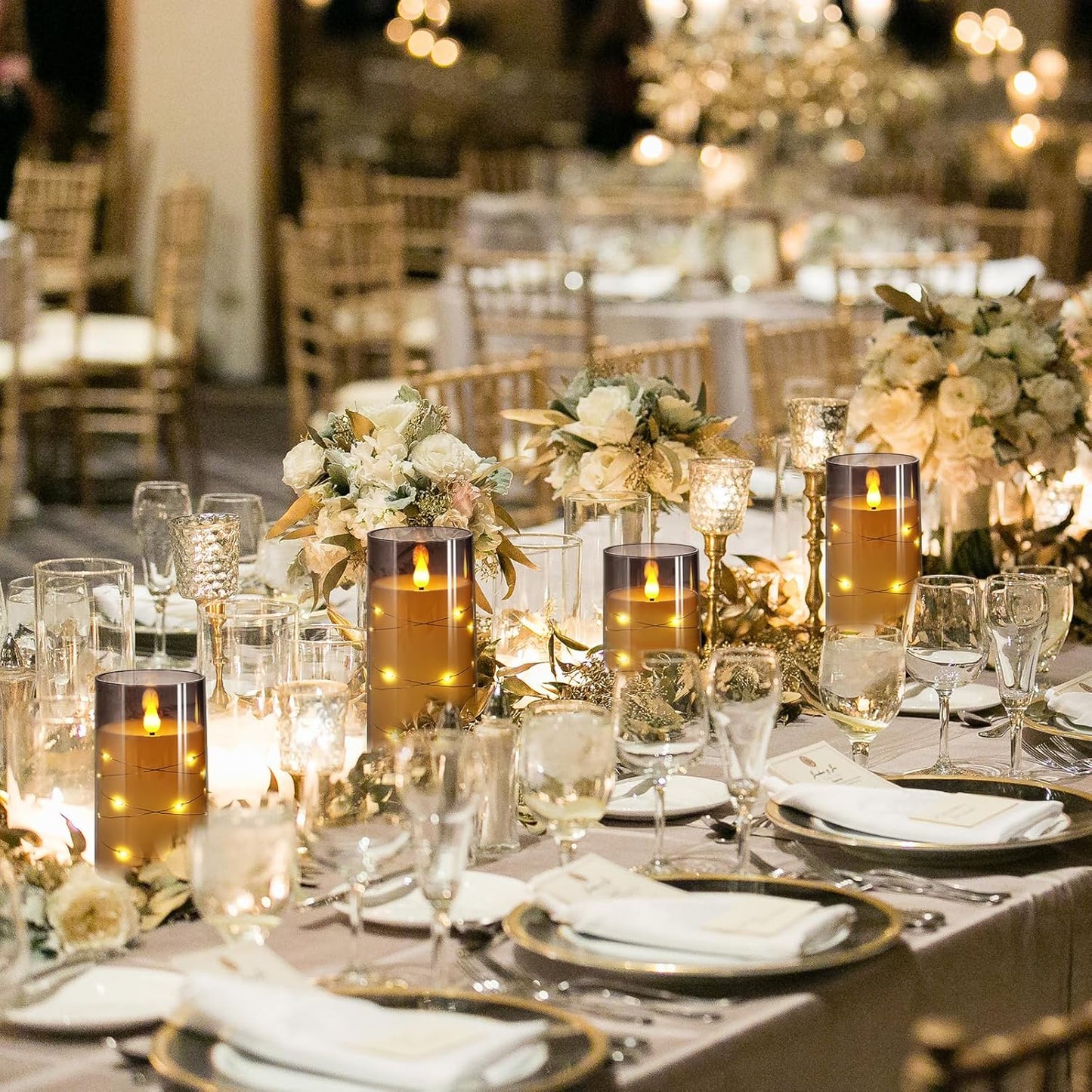 NURADA Flickering Flameless Candles: Built-in Star String Lights Unbreakable 3D Wick Acrylic Battery Operated LED Pillar Candles with Remote and Timer for Romantic Mood Home Decoration - 3 Pack Gray