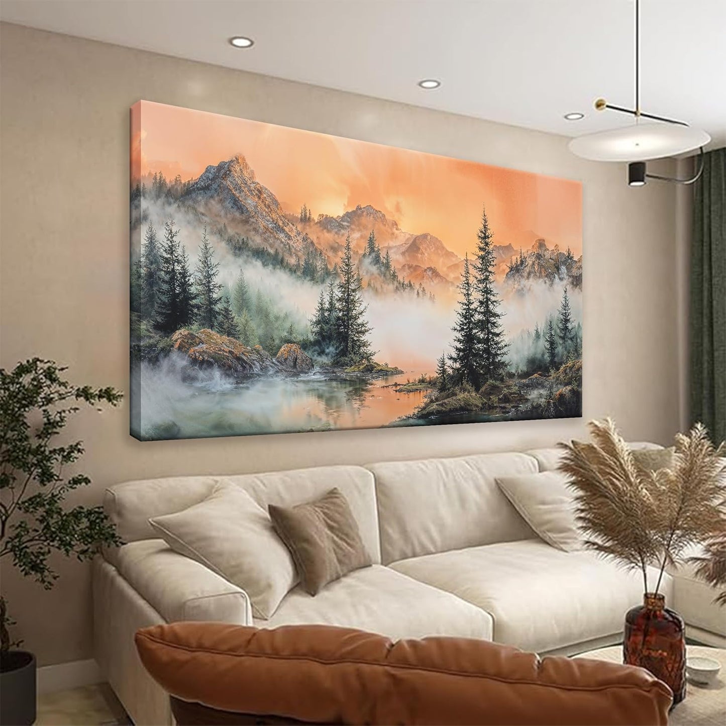 Tsomzxng Large Mountain Wall Art For Living Room Canvas Art Wall Decor For Office Wall Decorations Picture For Bedroom Forest River Landscape Prints Paintings Modern Pictures Artwork 24 X 48 In