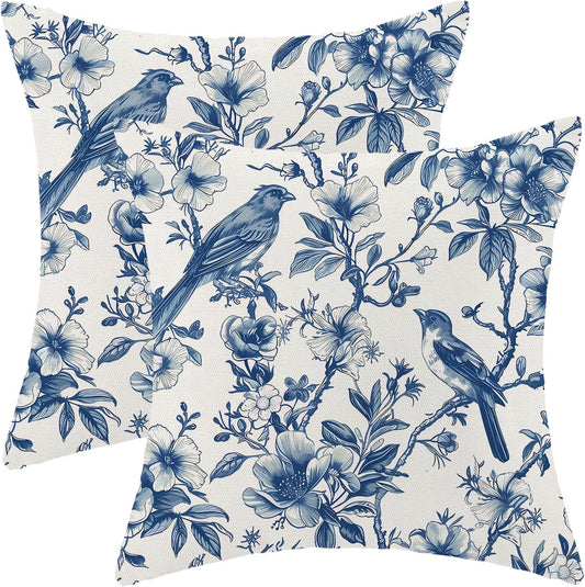 Navy Blue Spring Floral Pillow Covers 18 x 18 Inch Set of 2 for Chinoiserie Vintage Flowers Bird Decor Throw Pillows Plant Farmhouse Outdoor Decorative Cushion Cases for Couch Bed Decorations