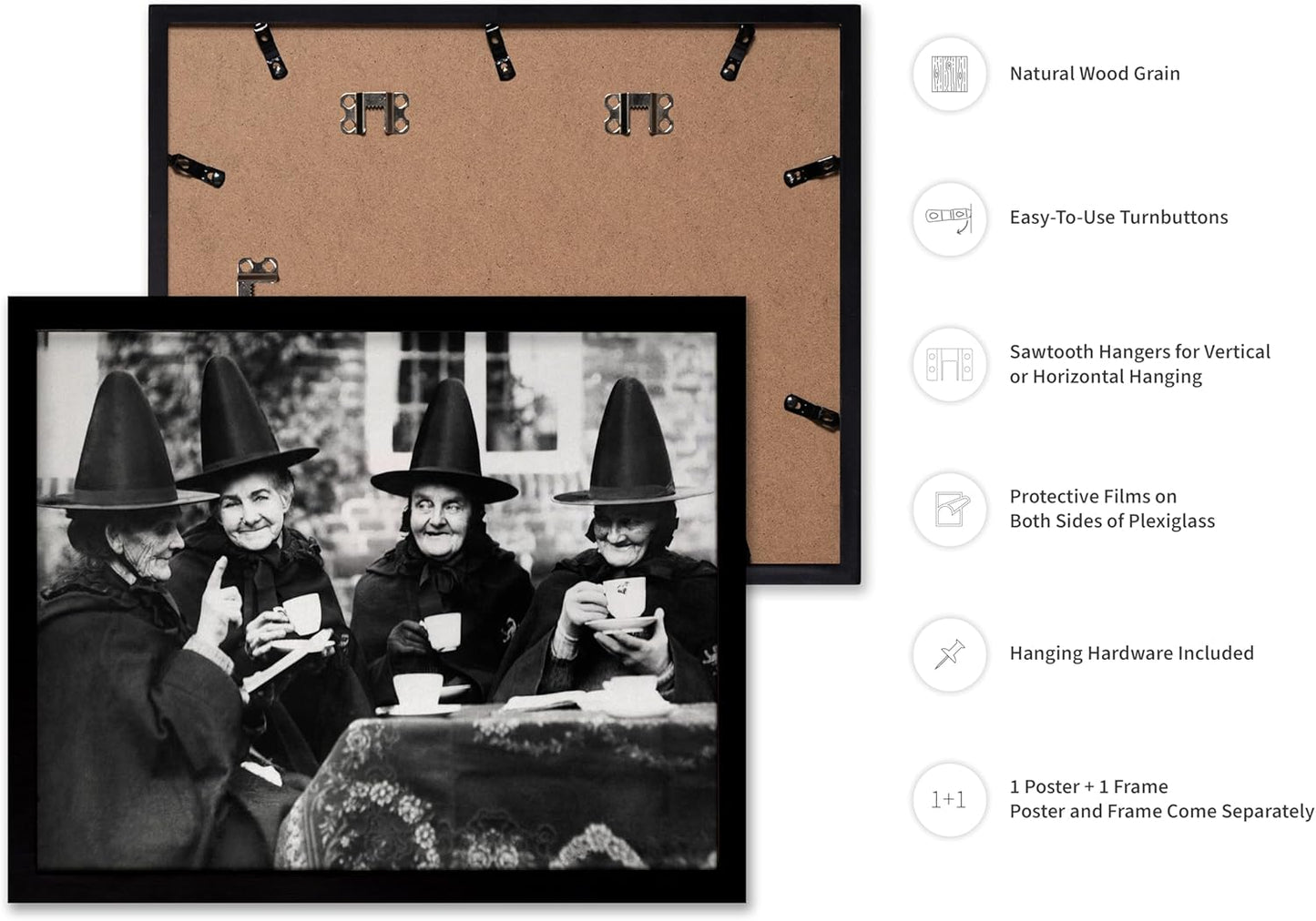 Poster Master Classic Photograph Poster - Vintage Halloween Print - Gift for Artist, Friend - Witches Tea Party, Old Women Smiling, Wearing Robes - Wall Decor for Living Room, 8x10 Black Framed