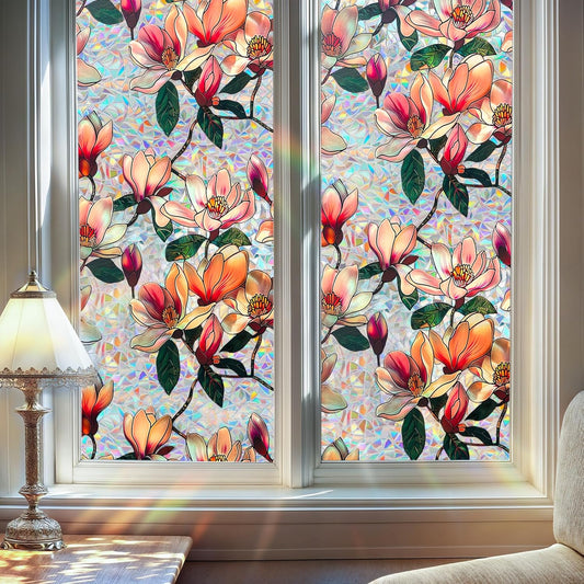 DUOFIRE Window Privacy Film Decorative Stained Glass Window Film Rainbow Magnolia Floral Static Cling Non-Adhesive Reusable Anti UV Colorful Window Decal for Home 16.92×39.37 inch