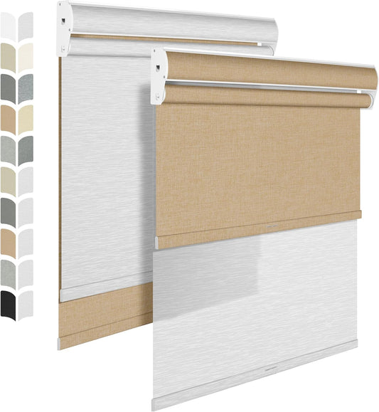BERISSA Cordless Dual Roller Shades with Cassette Valance,Double Window Shades Blackout and Light Filtering Shades,Day and Night Roller Shades for Home Office Door.Linen Beige and White.39 W x 48" H