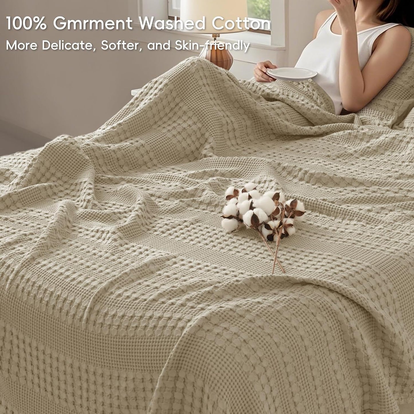 PHF 100% Cotton Waffle Blanket Oversized King 120"x120", Lightweight Breathable Extra Large 10'x10' Summer Blankets for Bed, Giant Big Luxury Aesthetic Woven Bedding for Home Decor, Khaki