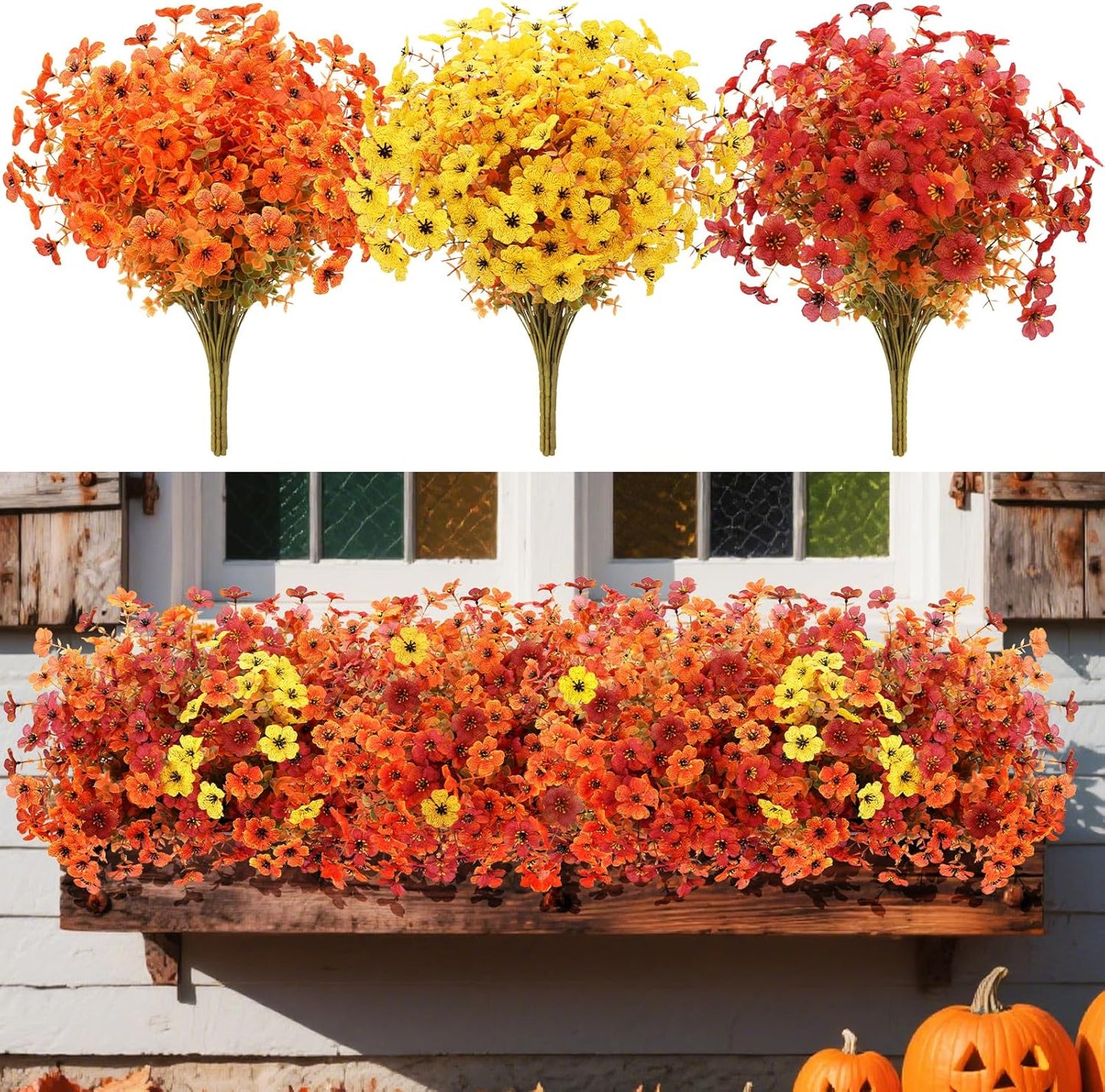 12 Bundles Artificial Fall Flowers Faux Mums for Outdoor Indoor, Artificial Plants Daisy Faux Plants Fake Mums for Fall Decor Pots Patio Garden Porch Autumn (Orange，Brown，Yellow) (12)