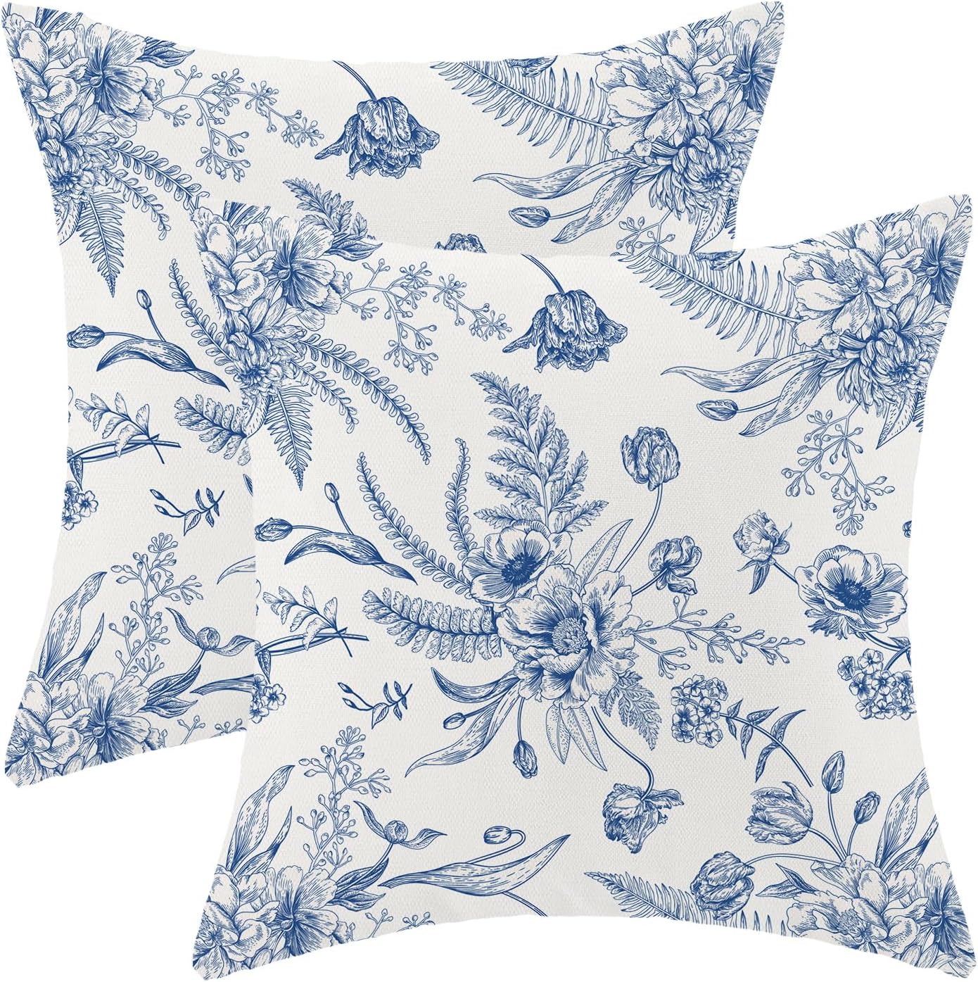 CXMEIFLY Spring Floral Leaves Pillow Covers 16 x 16 Inch Set of 2 for Chinoiserie Flowers Decor Throw Pillows Blue and White Seasonal Plant Outdoor Decorative Cushion Cases for Couch Bed Decorations