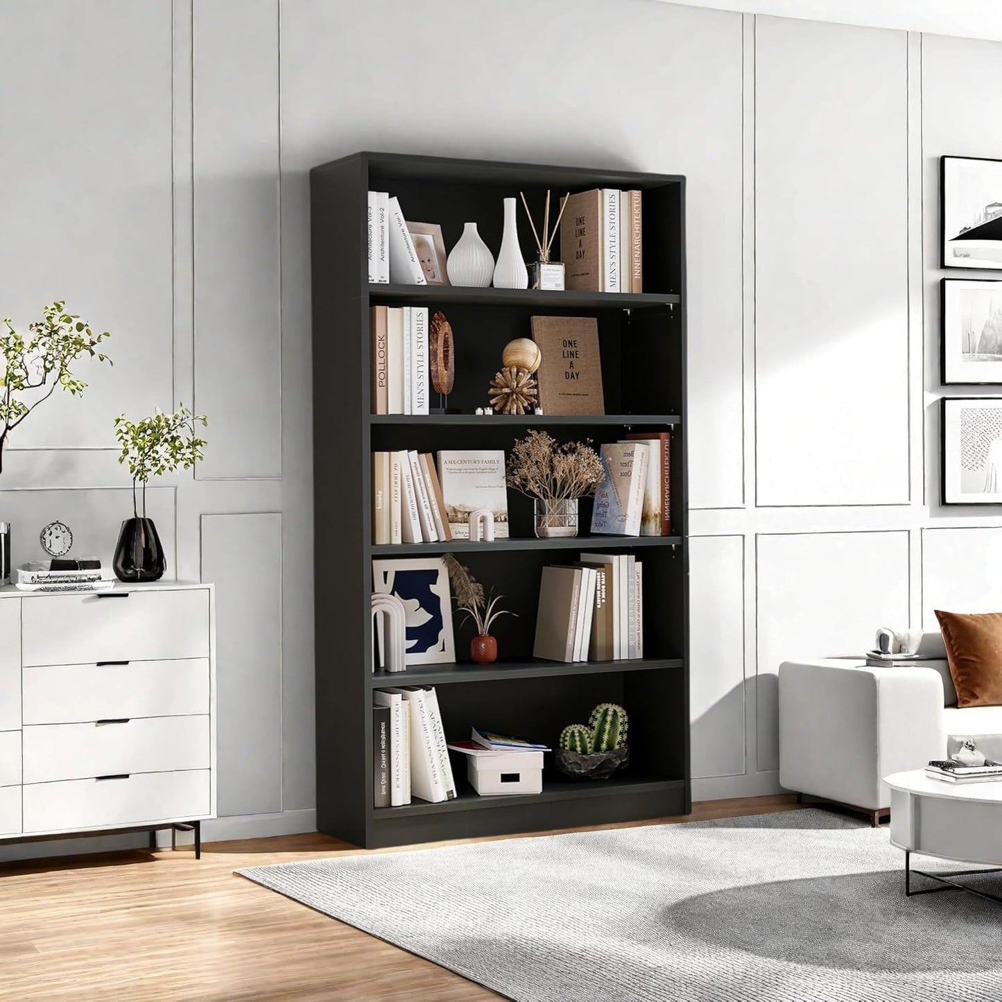 Bookshelf, Open Modern Bookshelf, 5 Shelf Bookcase with Freestanding Display Storage, Wooden Book Shelf for Bedroom, Living Room, Dinning Room, Office, 60 Inch, Black