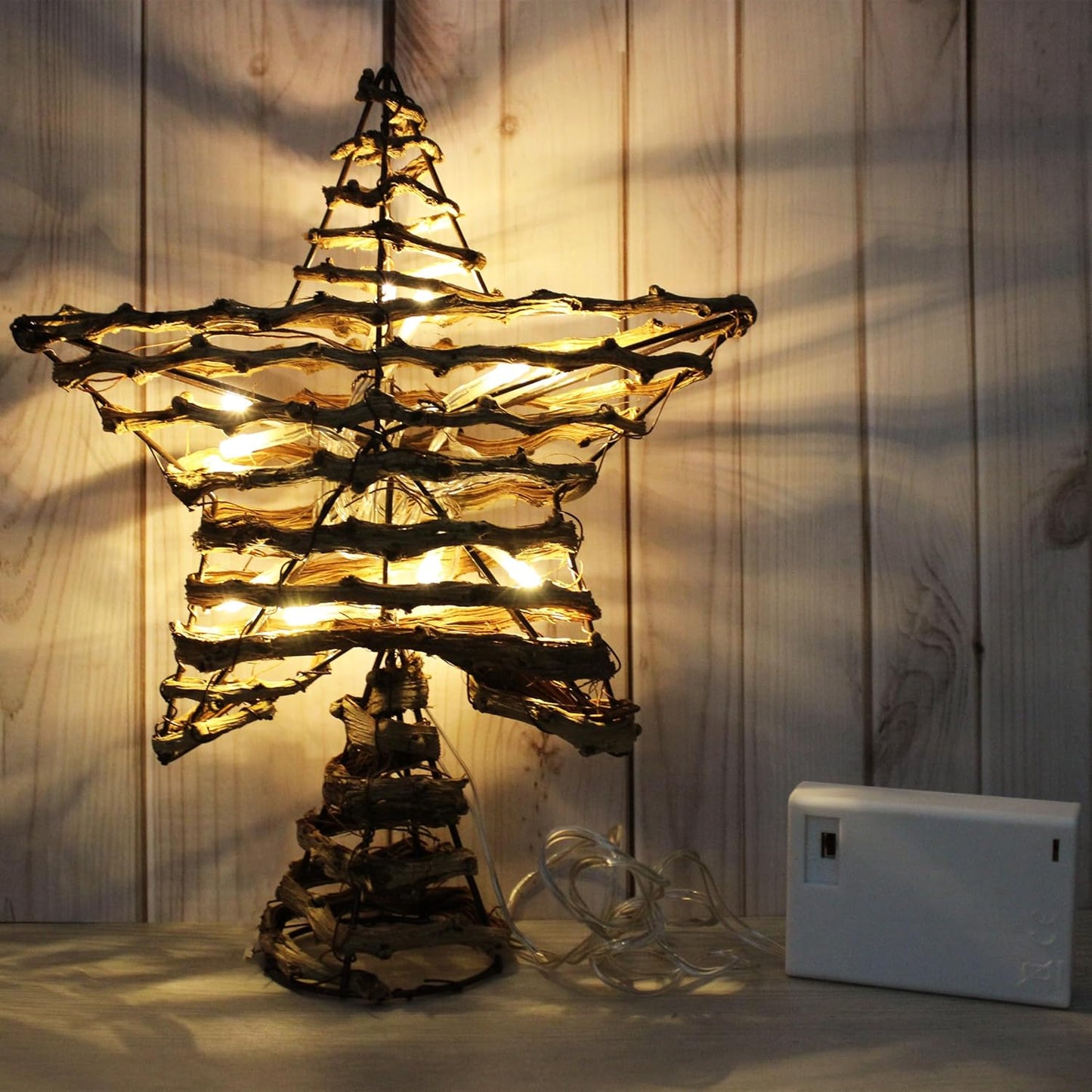 CVHOMEDECO. Rustic Rattan Christmas Tree Star Topper with LED Lights, Farmhouse Christmas Tree Toppers Decoration, 8 x 10 Inch