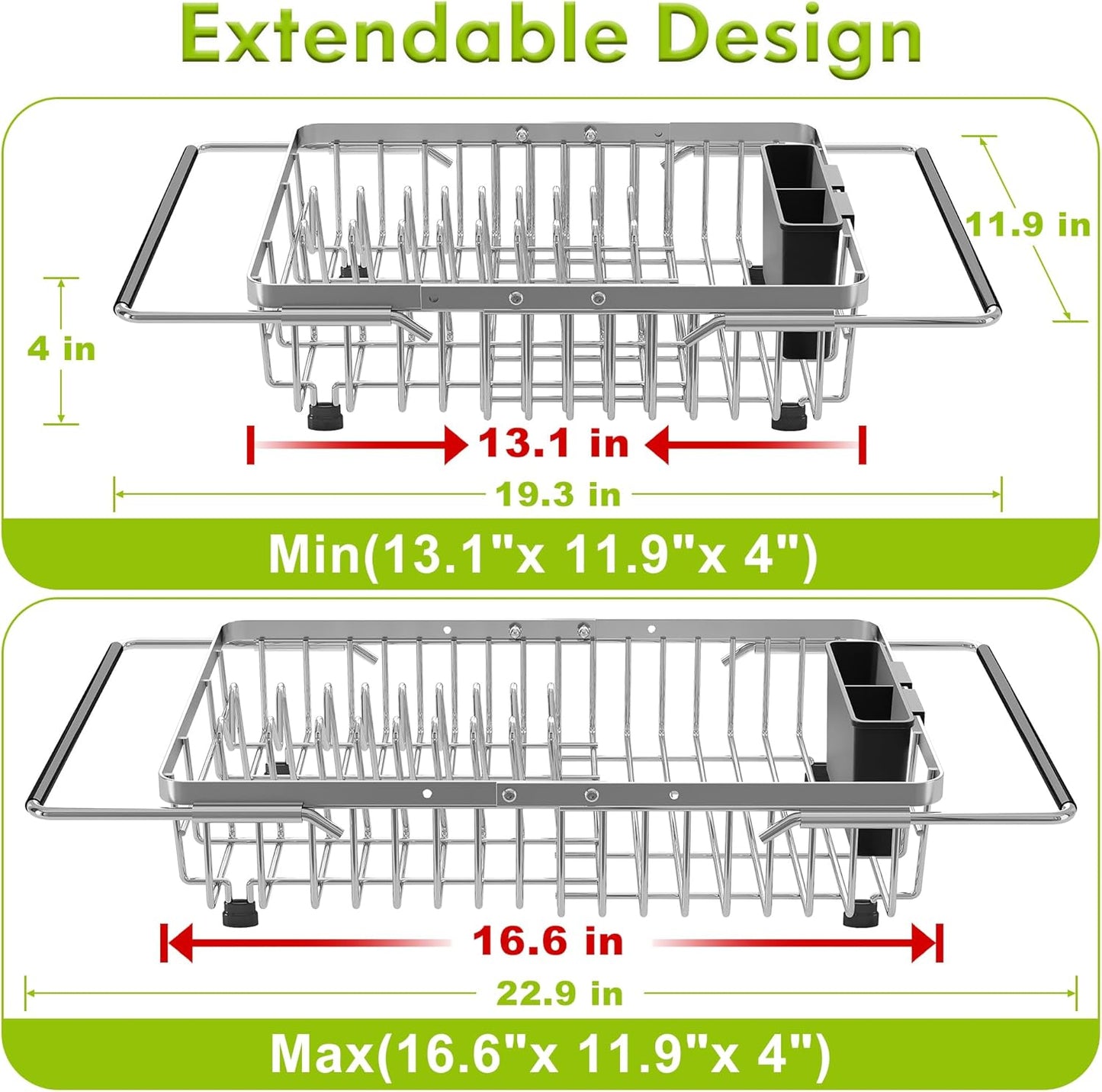 Dish Drying Rack in Sink, Expandable Stainless Steel Dish Drainer for Kitchen Sink, Dish Strainer Rack, Retractable Over Sink Dish Rack with Utensil Holder, 13.1''~16.6''D x 11.8''W, Silver