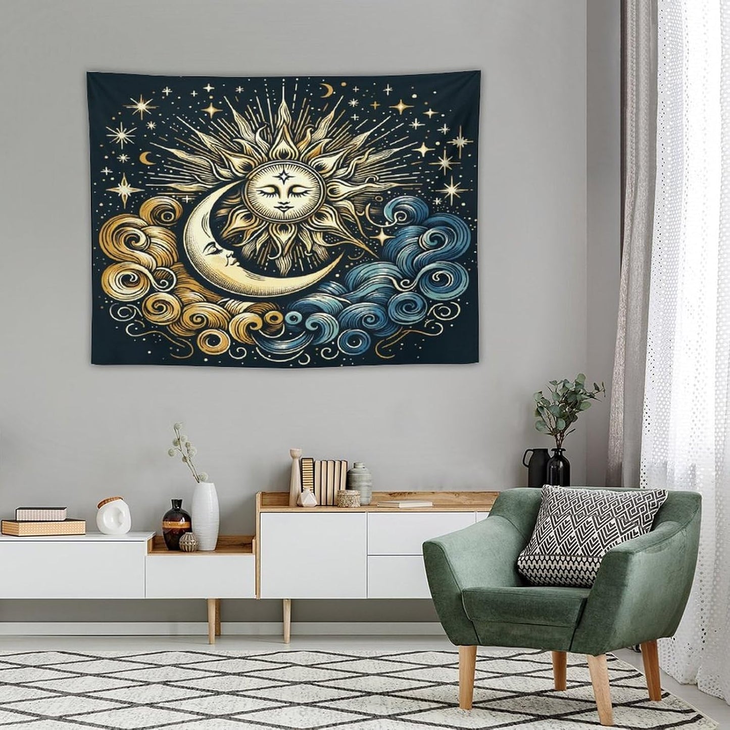 HZOHNAGO Sun Moon Tapestry Boho Golden Stars Pattern Printed Wall Tapestry Wall Hanging for Bedroom Living Room Dorm 40" W x 30" H
