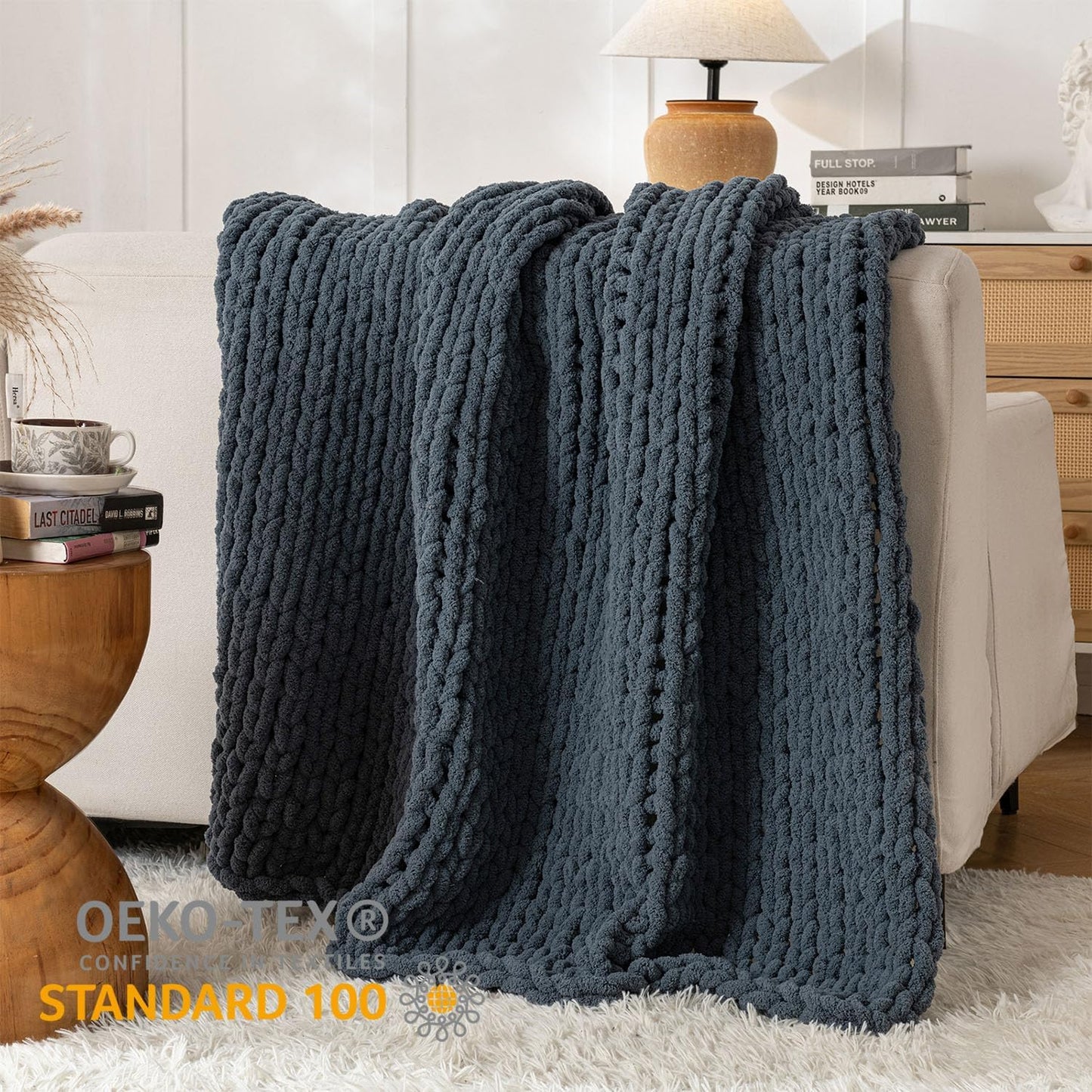 Chunky Knit Blanket Throw, 100% Hand Knit Throw Blanket Handmade Chenille Cable Knit Throw for Couch, Stylish Cozy Soft Rope Knot Crochet Blanket for Home Decor, Blue Mirage, 50x60 Inches