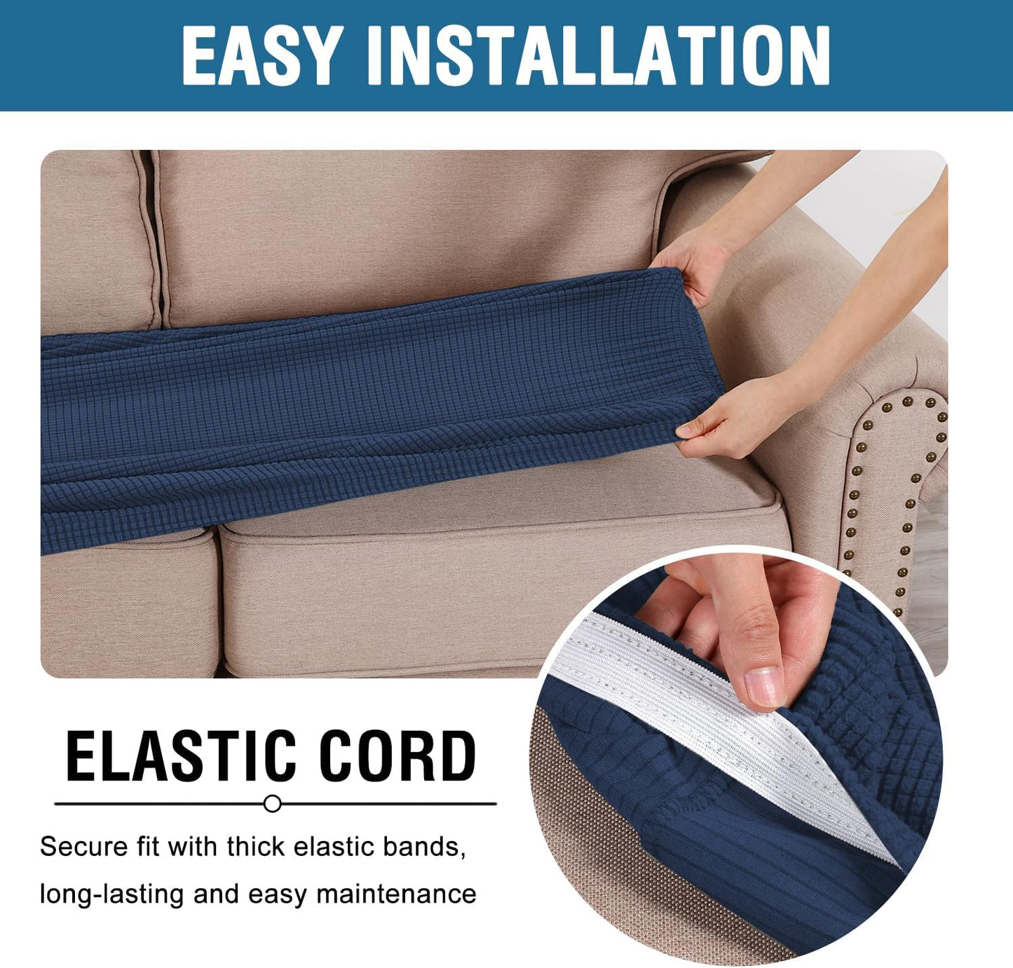 H.VERSAILTEX Super Stretch Individual Seat Cushion Covers Sofa Covers Couch Cushion Covers Slipcover Sets Thick Jacquard Textured Twill Fabric (1 Piece Loveseat Cushion Cover, Navy)