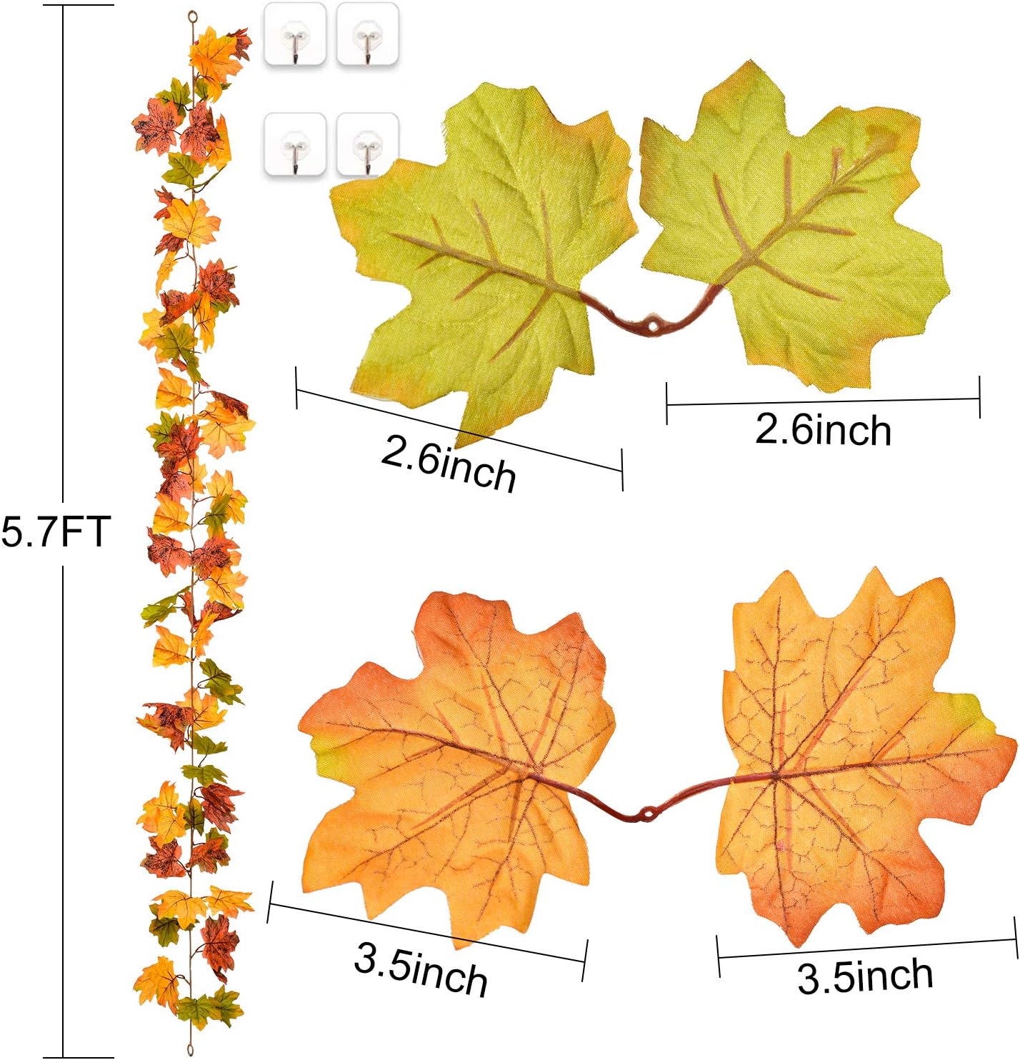 2 Pack Fall Maple Leaf Garland Artificial Maple Garland, Autumn Hanging Fall Leave Vines for Indoor Outdoor Wedding Thanksgiving Dinner Party Decor