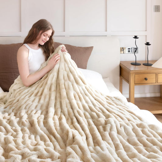 Faux Fur Blanket, Twin Size Oversized Throw Blanket for Couch, Fluffy Blanket with Stretch Ruched Design, Ultra Soft Giftable Home Decor, 60x80 inches, Tie-Dyed in Khaki