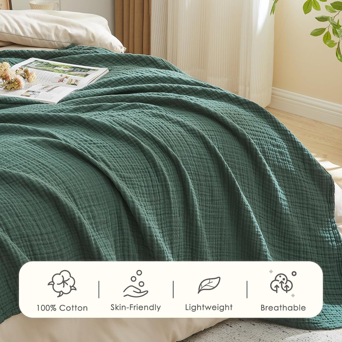 EMME Cotton Muslin King Blanket Bed Layering Breathable Gauze Blanket Soft Lightweight Blankets Adults (Forest Green, 108"x90")