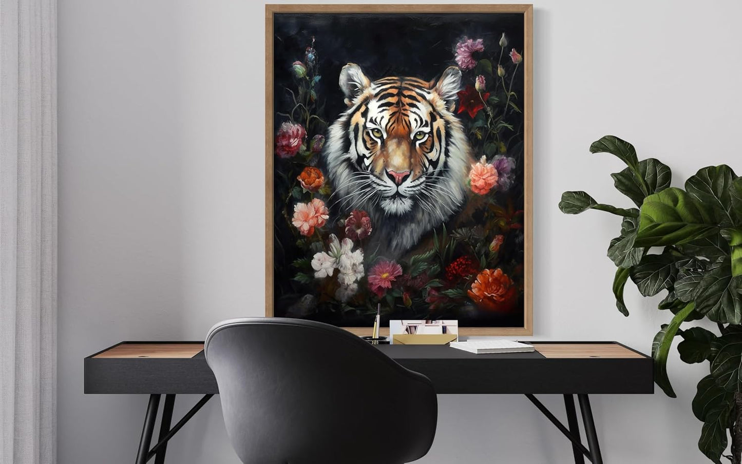 Tiger and Flower Poster Art Print, Halloween Scary Vintage Wall Art Academia Spooky Painting Decoration for Horror Prints, Gothic Posters Bedroom Decor 89 (Tiger and Flower, 8 x 10 inches, Wood Frame)