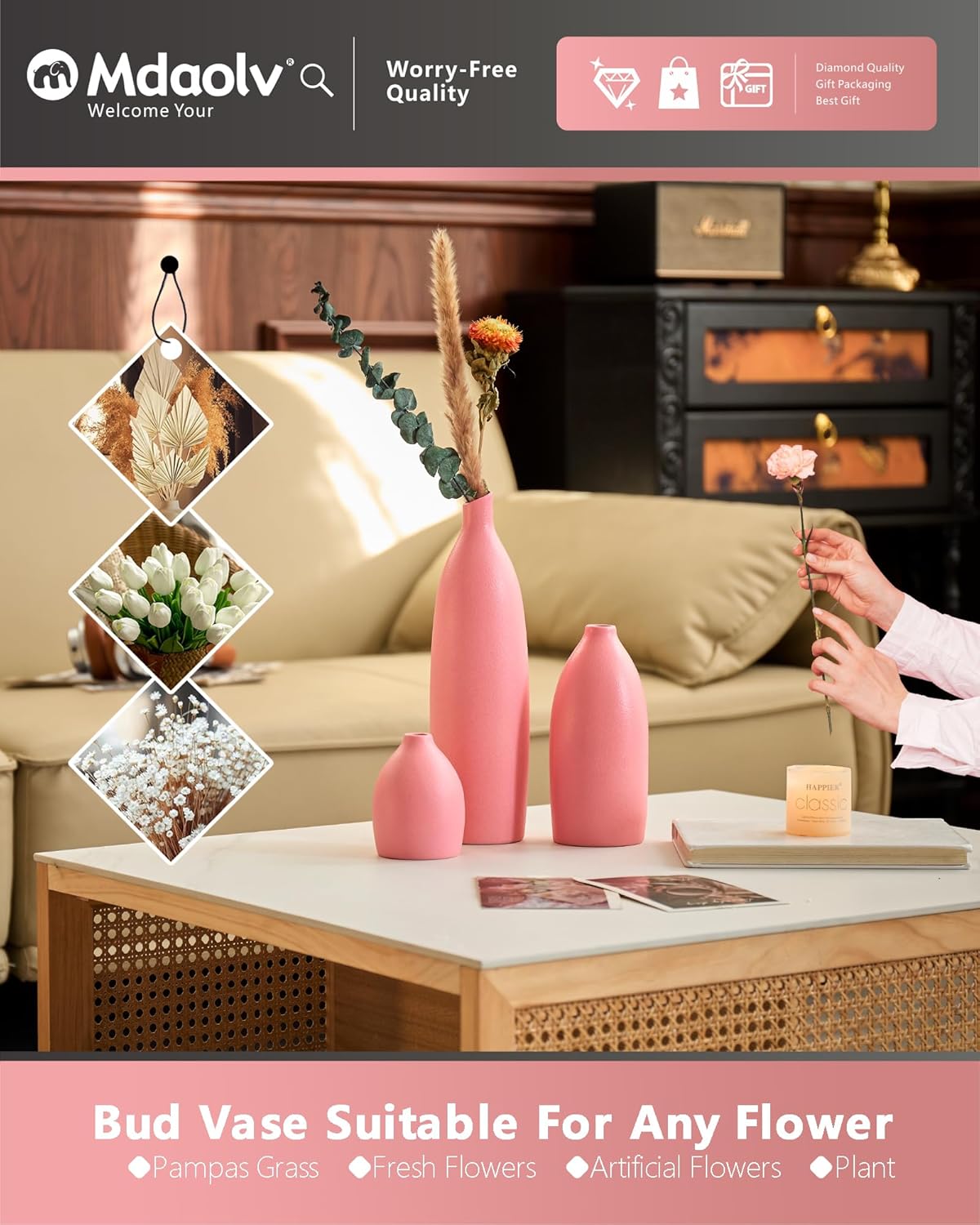 Matte Pink Vase Set of 3 - Modern Boho Aesthetic Bud Ceramic Vases Home Decor - Centerpieces Decor for Dining Table Living Room Coffee Table Bookshelf Mantle Entrance Console Decorations (Pink)