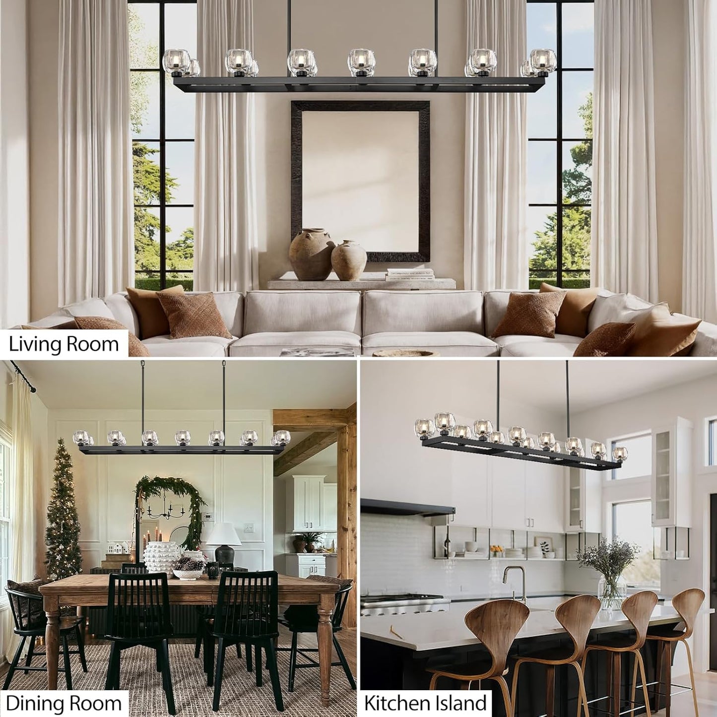 72 Inch Black Rectangle Wagon Wheel Chandeliers, Chandelier for Dining Room Over Table, Modern Crystal Long Chandelier for High Ceiling, Farmhouse Large Linear Chandeliers for Kitchen Island