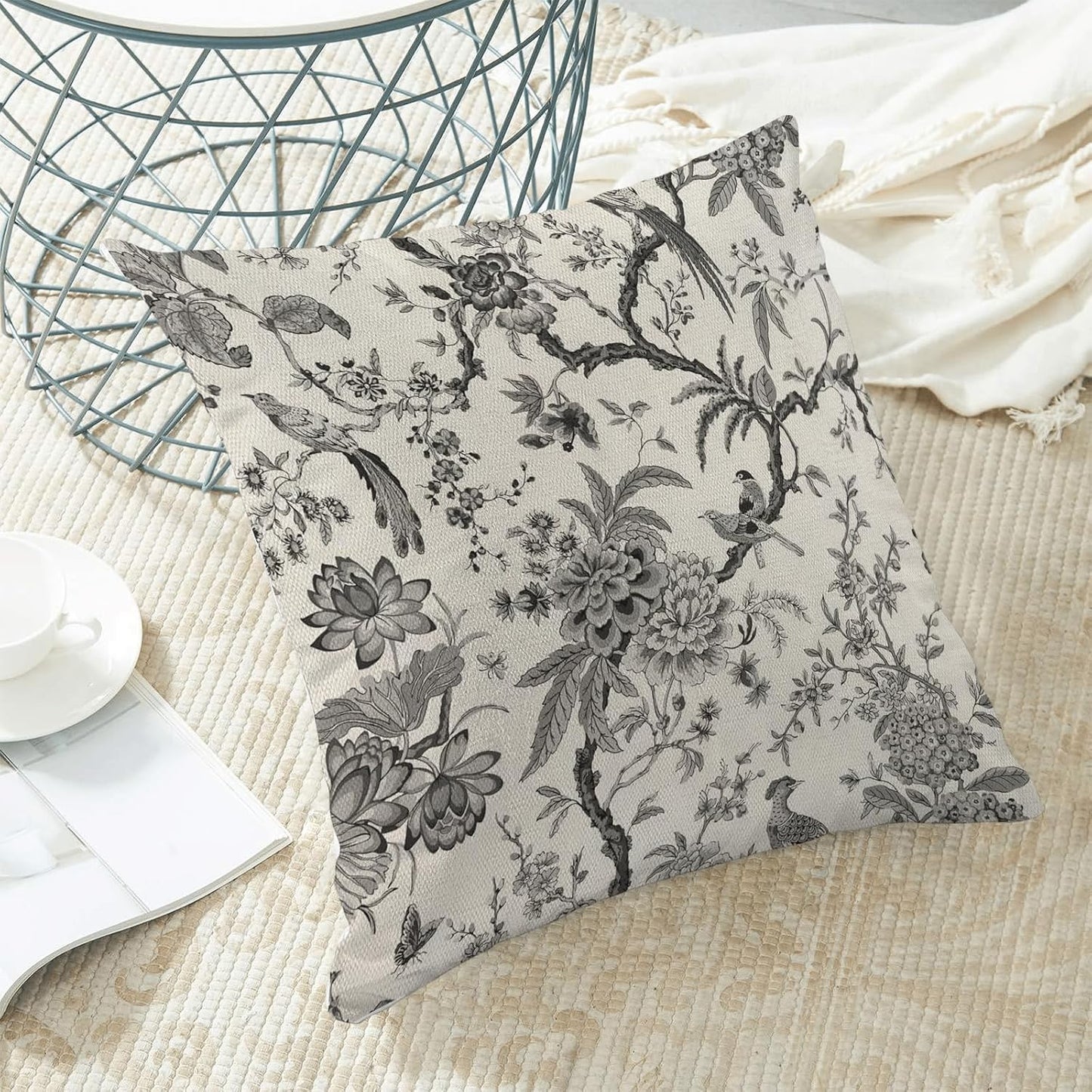 CXMEIFLY Spring Floral Birds Pillow Covers 16 x 16 Inch Set of 2 for Chinoiserie Flowers Decor Throw Pillows Black and White Plant Outdoor Decorative Cushion Cases for Couch Bed Decorations