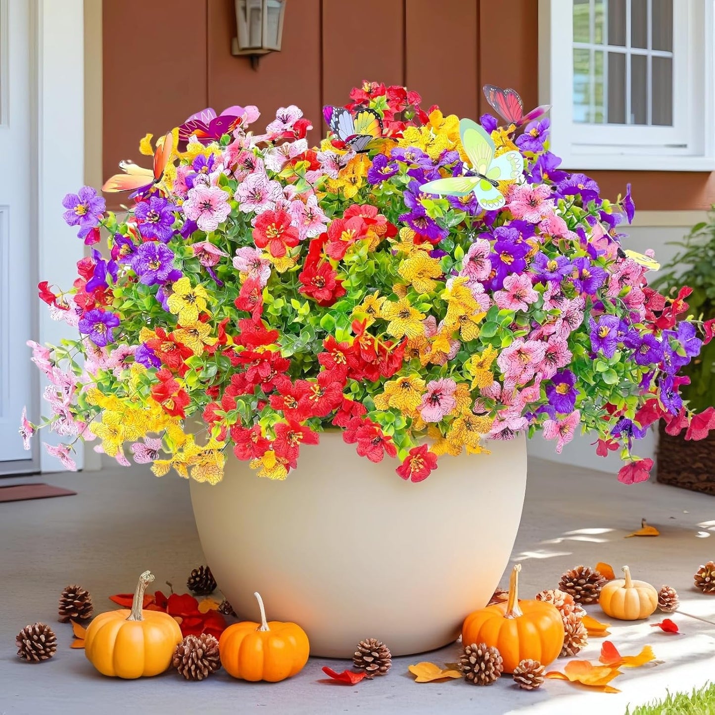 ‌20 Bundles Artificial Flowers for Outdoors‌ with 6 Faux Butterflies, UV Resistant ‌Fake Flowers‌ with Eucalyptus Leaves, ‌Artificial Plants Outdoor‌ for Patio Garden Porch Home Decor (Mix 4 Colors)